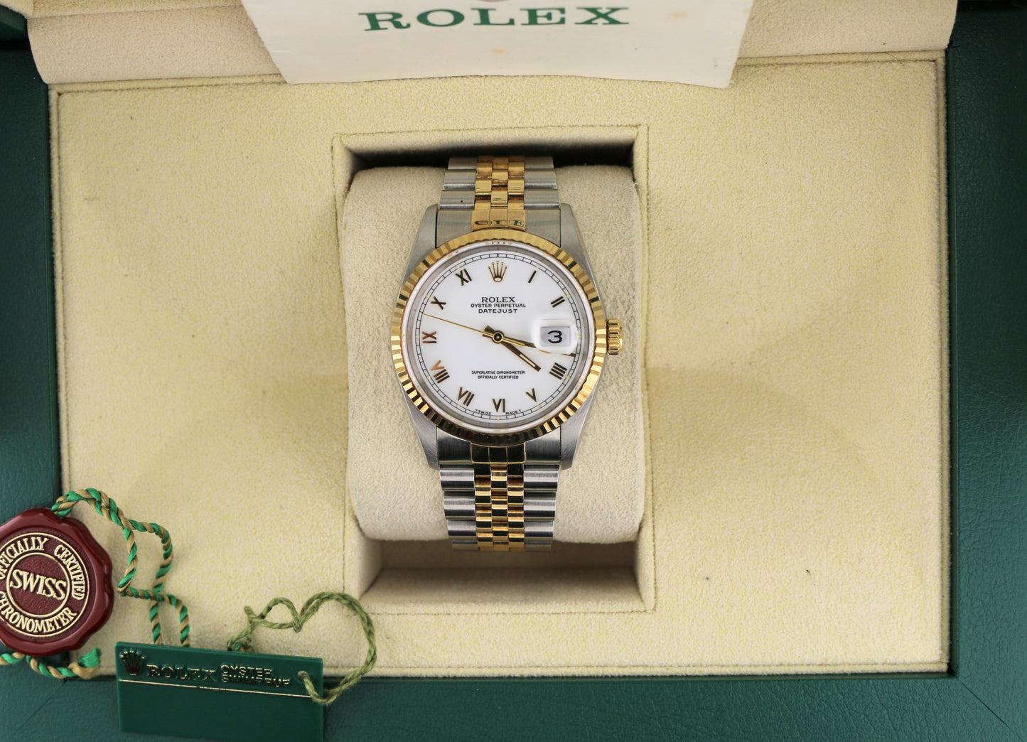 1993 Rolex Datejust 16233 White Roman Dial TT 18kt Jubilee With Papers 36mm