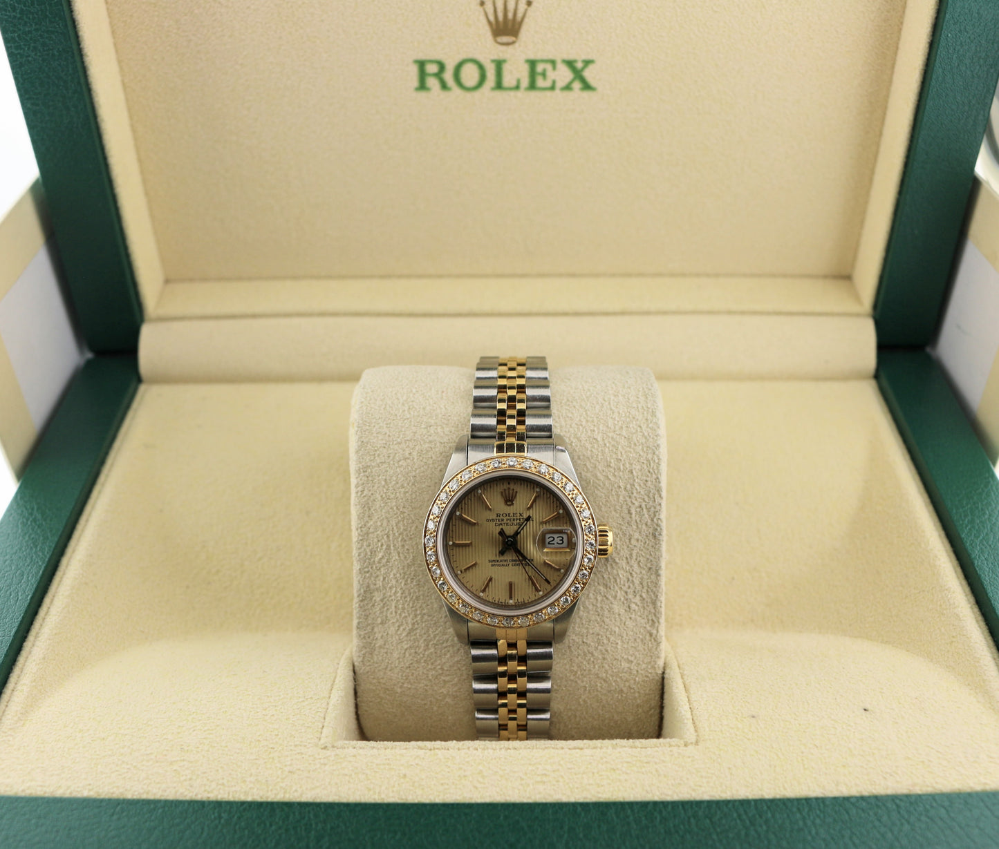 Rolex Ladies Datejust 69173 Champ Tapestry Dial Diamond Bezel TT 18k Jubilee 26m