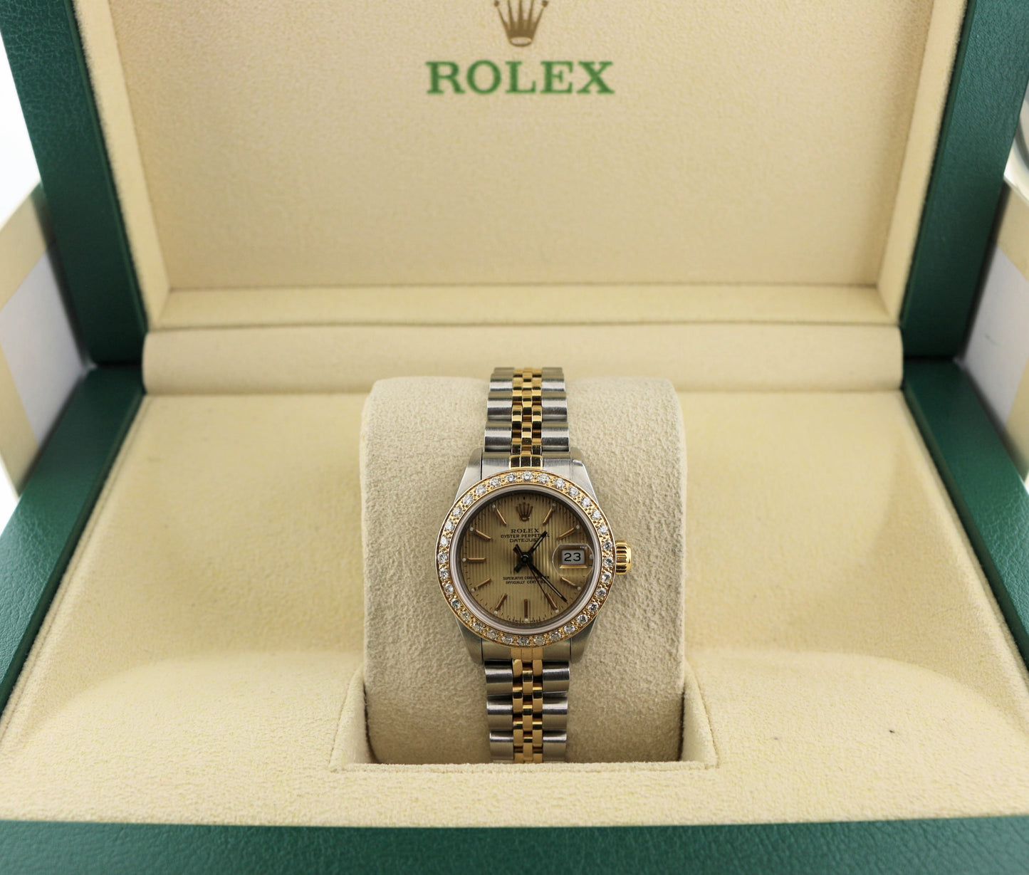Rolex Ladies Datejust 69173 Champ Tapestry Dial Diamond Bezel TT 18k Jubilee 26m