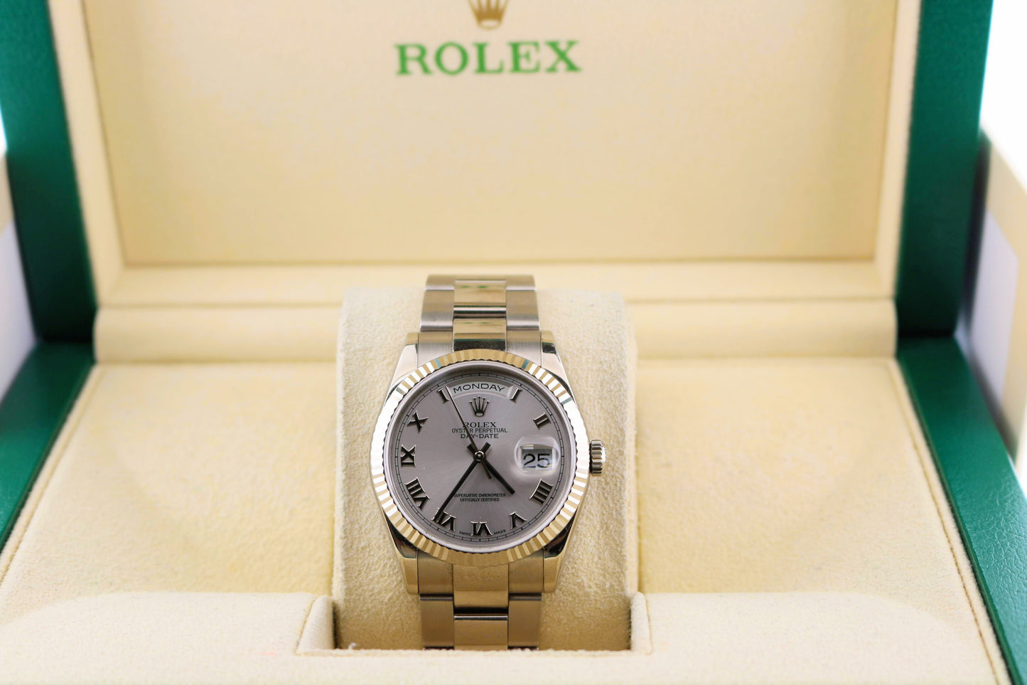 2000 Rolex Day-Date 118239 Silver Roman Dial 18kt WG Oyster No Papers 36mm