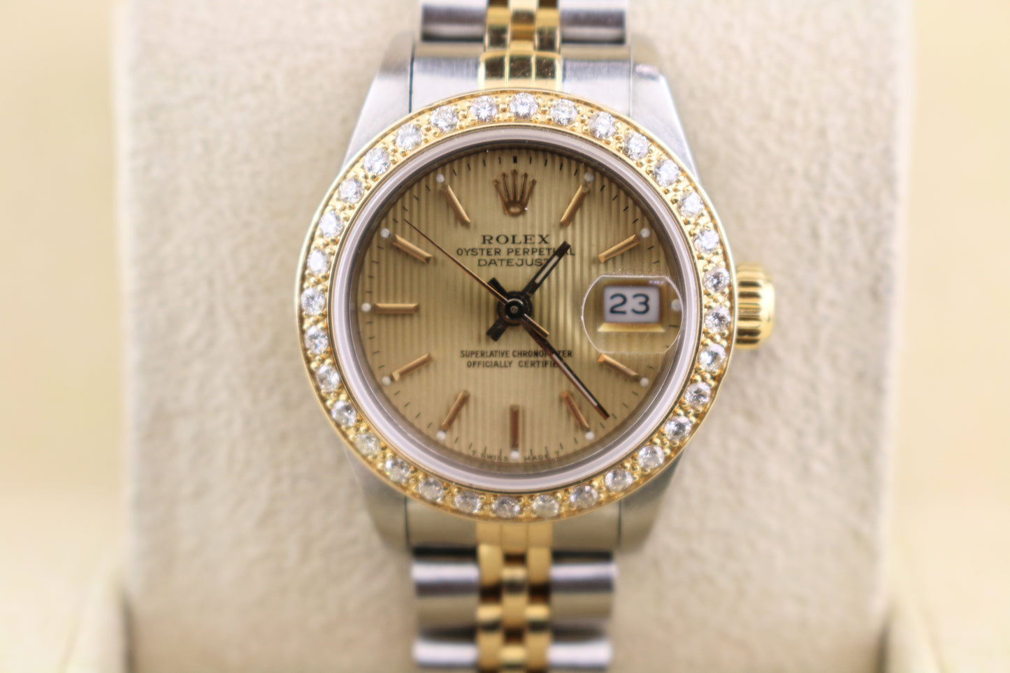 Rolex Ladies Datejust 69173 Champ Tapestry Dial Diamond Bezel TT 18k Jubilee 26m