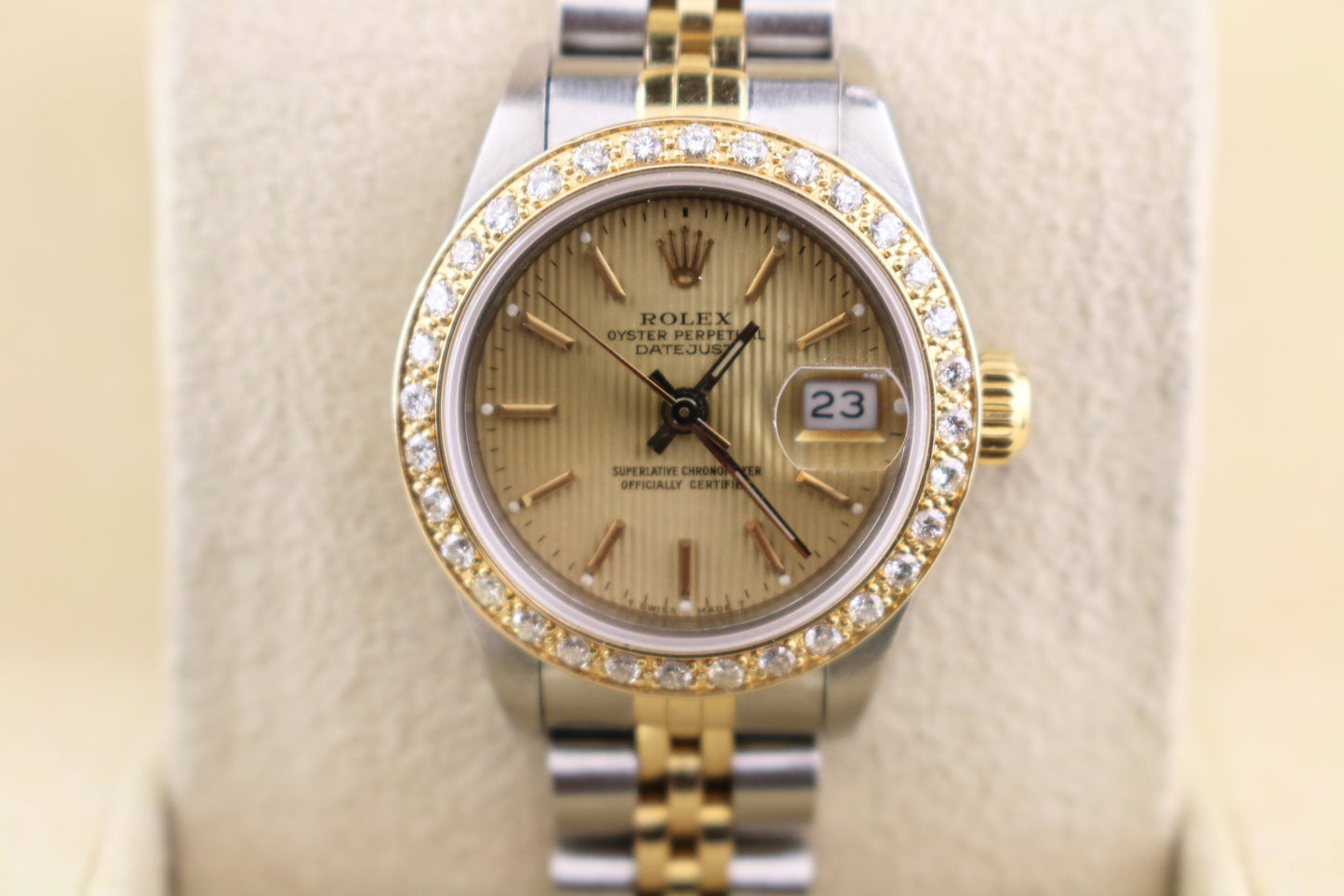 Rolex Ladies Datejust 69173 Champ Tapestry Dial Diamond Bezel TT 18k Jubilee 26m