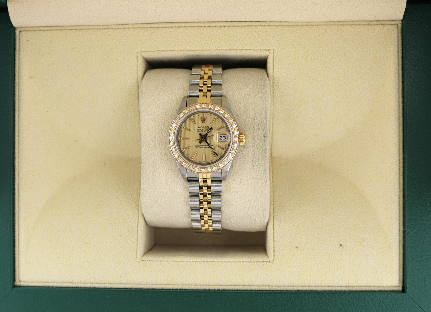 Rolex Ladies Datejust 69173 Champ Tapestry Dial Diamond Bezel TT 18k Jubilee 26m