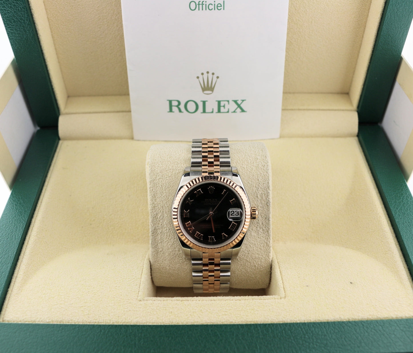 OH 2010 Rolex Datejust Midsize 178271 Black Roman TT 18kt Rose Jubilee Papers 31mm