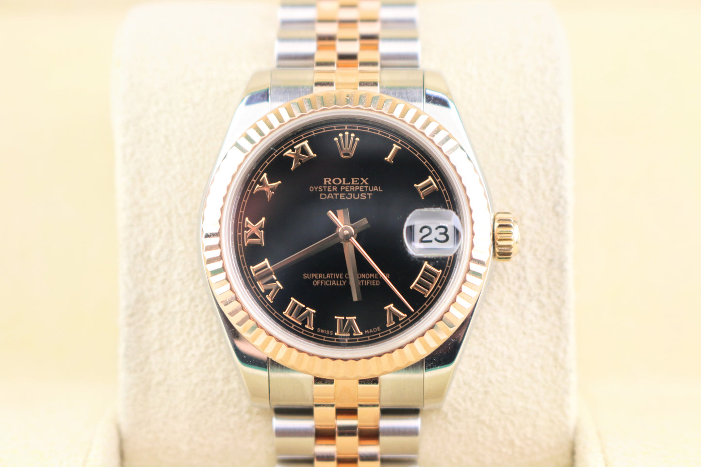 OH 2010 Rolex Datejust Midsize 178271 Black Roman TT 18kt Rose Jubilee Papers 31mm