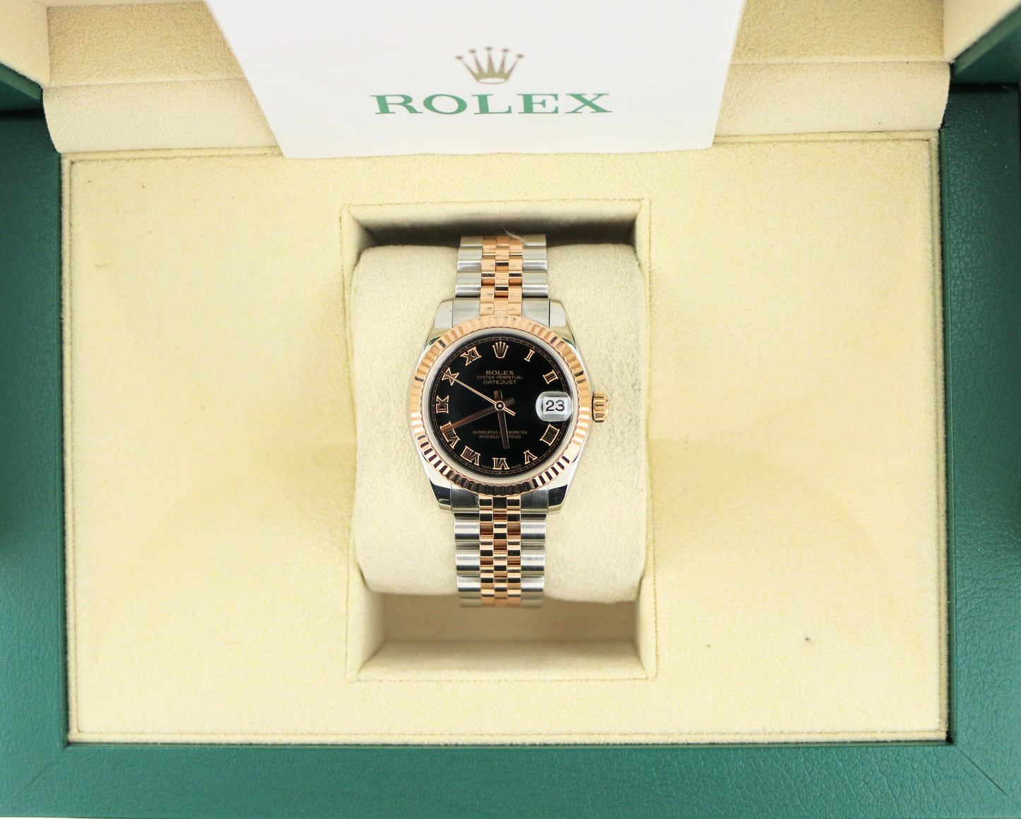 OH 2010 Rolex Datejust Midsize 178271 Black Roman TT 18kt Rose Jubilee Papers 31mm