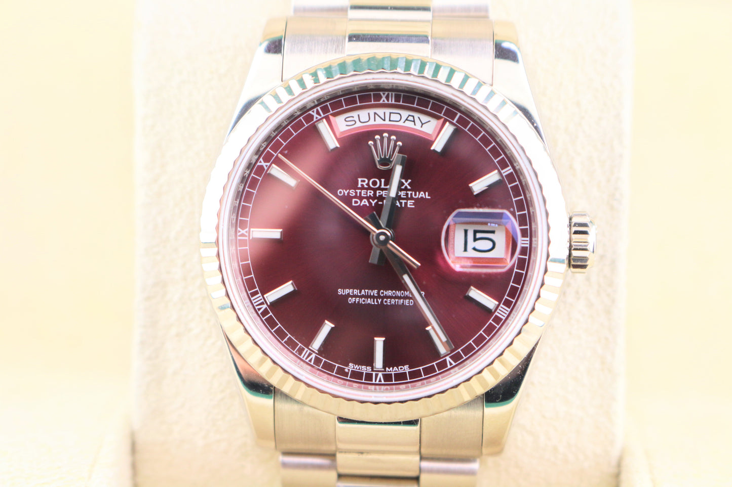 2015 Rolex Day-Date 118239 Cherry Red Dial 18kt White Gold With RSC Records 36mm