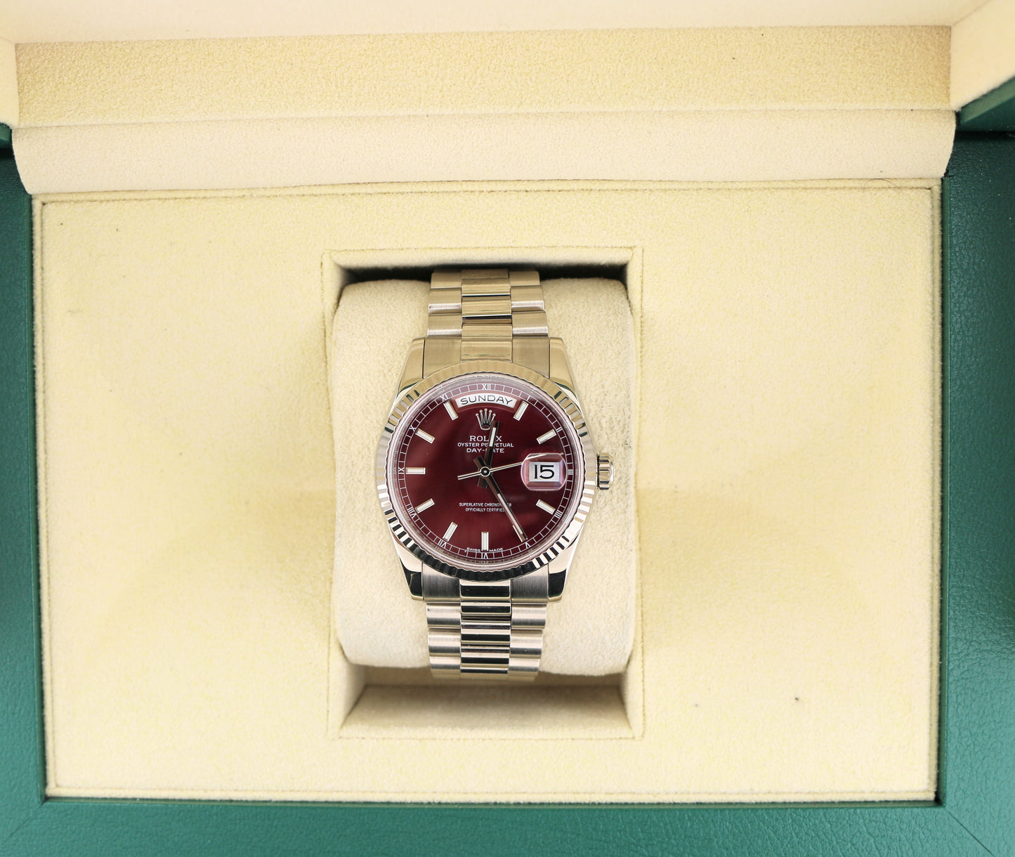 2015 Rolex Day-Date 118239 Cherry Red Dial 18kt White Gold With RSC Records 36mm