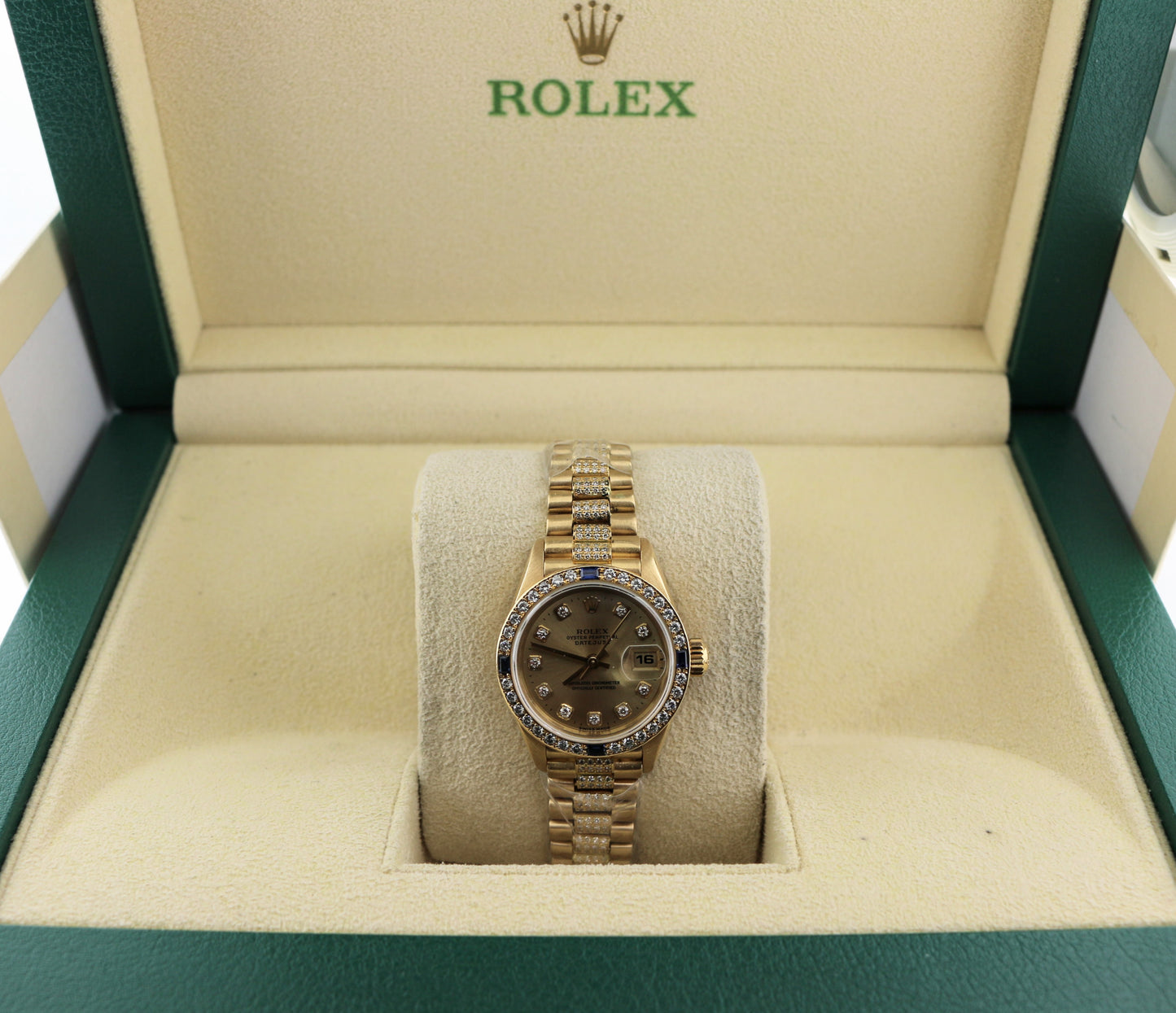 Rolex Ladies President 69088 Crown Collection Diamond and Sapphire 18kt YG 26mm