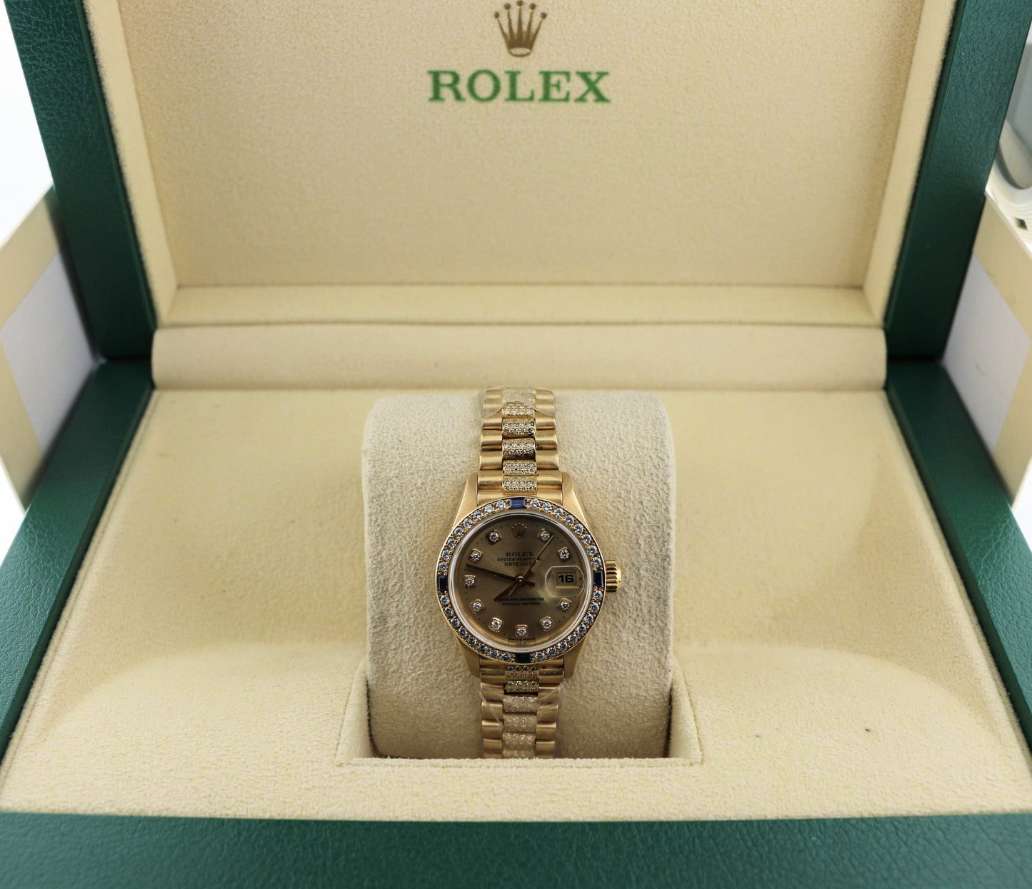 Rolex Ladies President 69088 Crown Collection Diamond and Sapphire 18kt YG 26mm