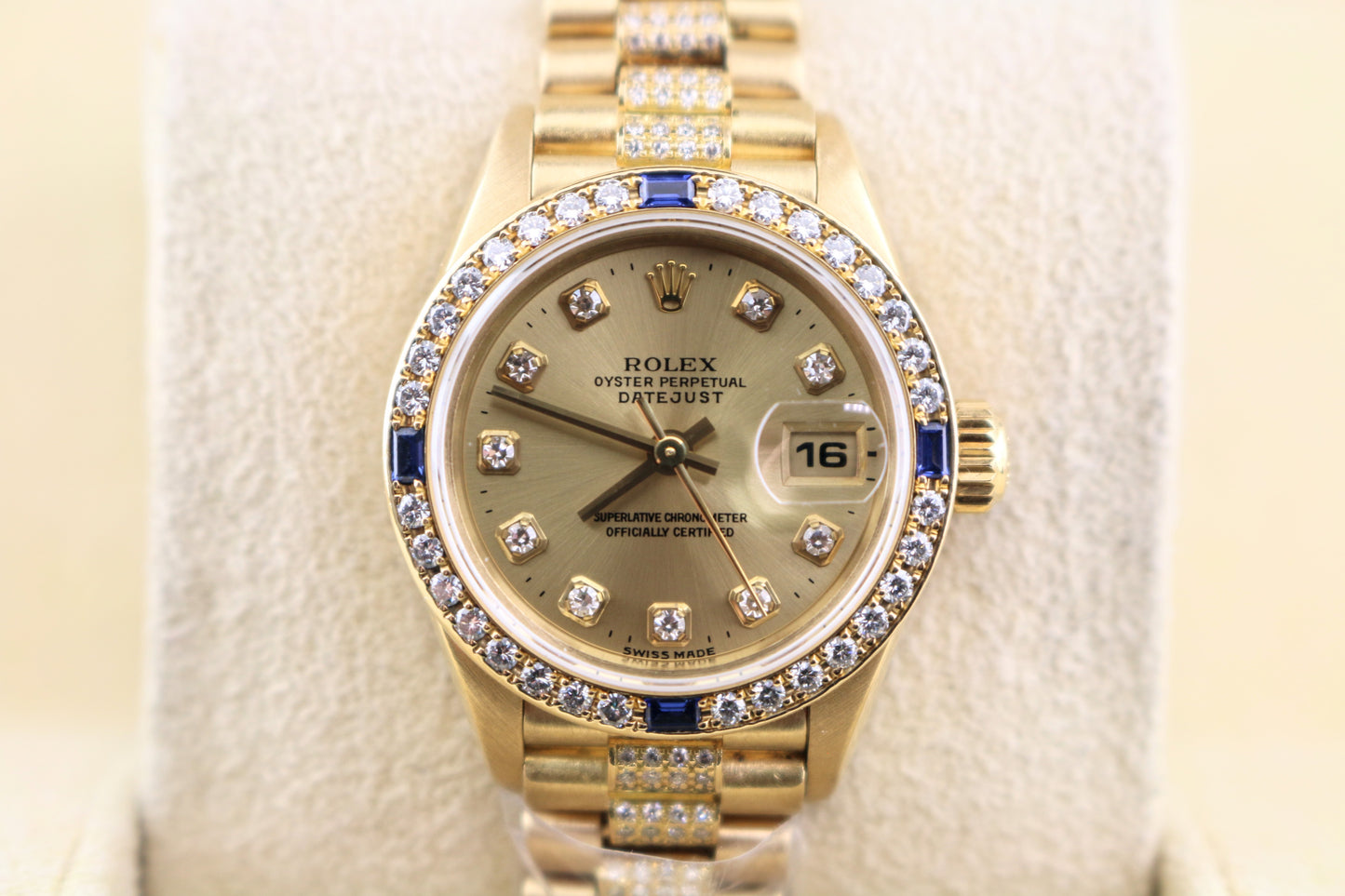 Rolex Ladies President 69088 Crown Collection Diamond and Sapphire 18kt YG 26mm