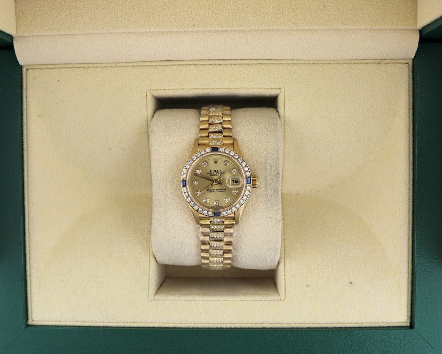 Rolex Ladies President 69088 Crown Collection Diamond and Sapphire 18kt YG 26mm