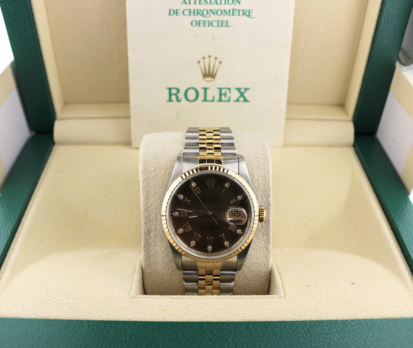 1989 Rolex Datejust 16233 Houndstooth Diamond Dial TT 18kt Jubilee W Papers 36mm.