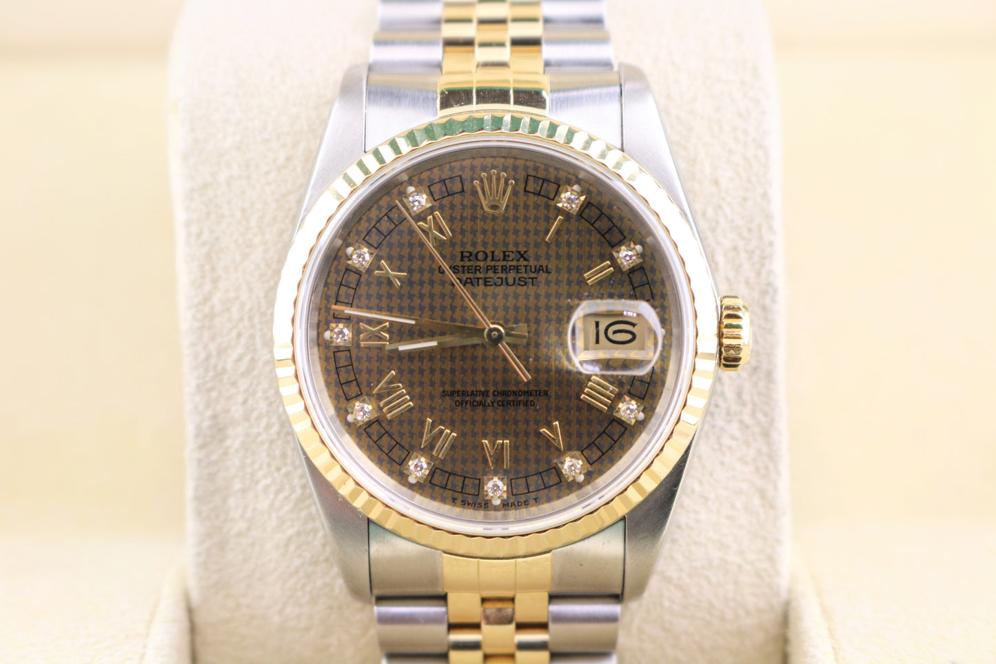 1989 Rolex Datejust 16233 Houndstooth Diamond Dial TT 18kt Jubilee W Papers 36mm.