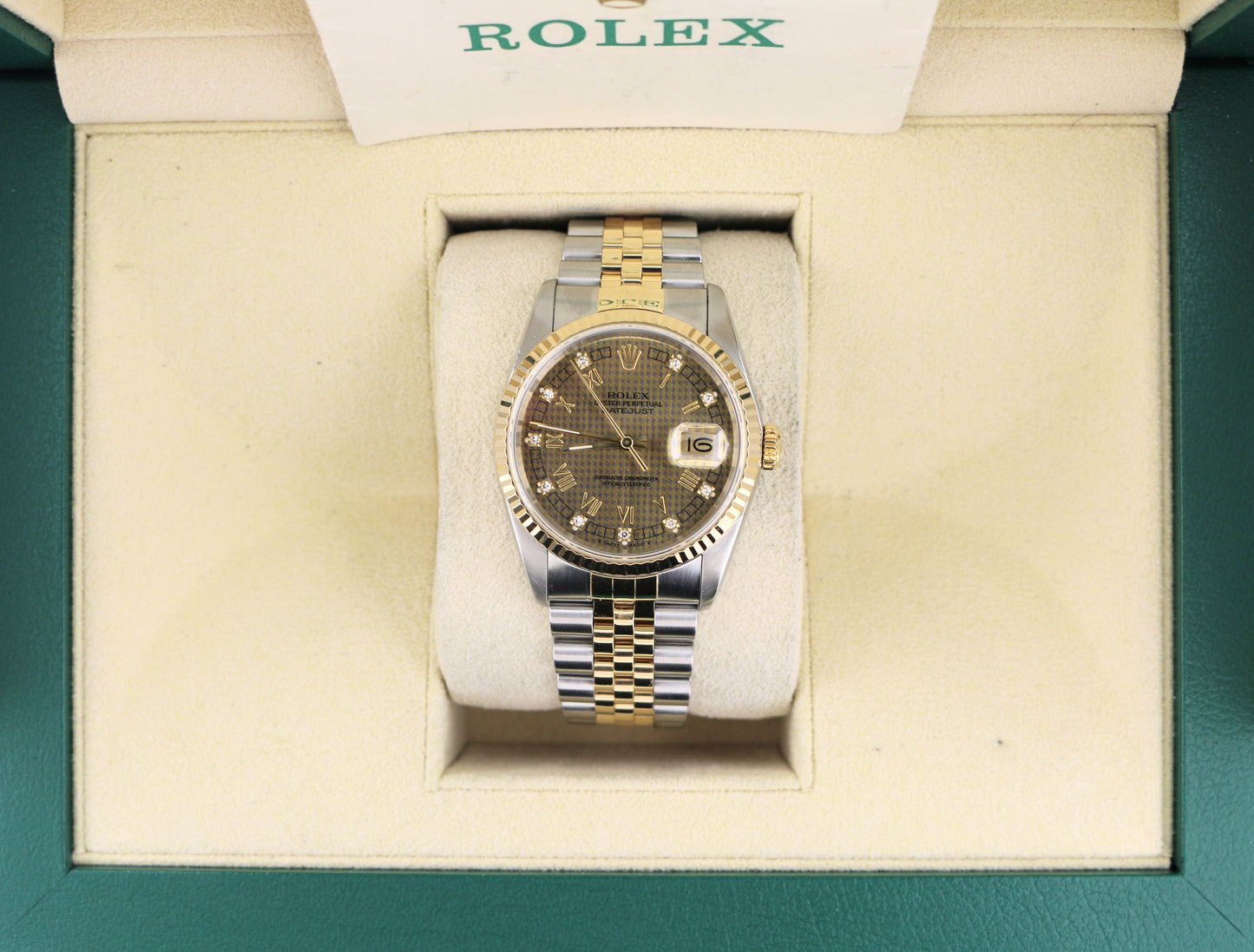 1989 Rolex Datejust 16233 Houndstooth Diamond Dial TT 18kt Jubilee W Papers 36mm.