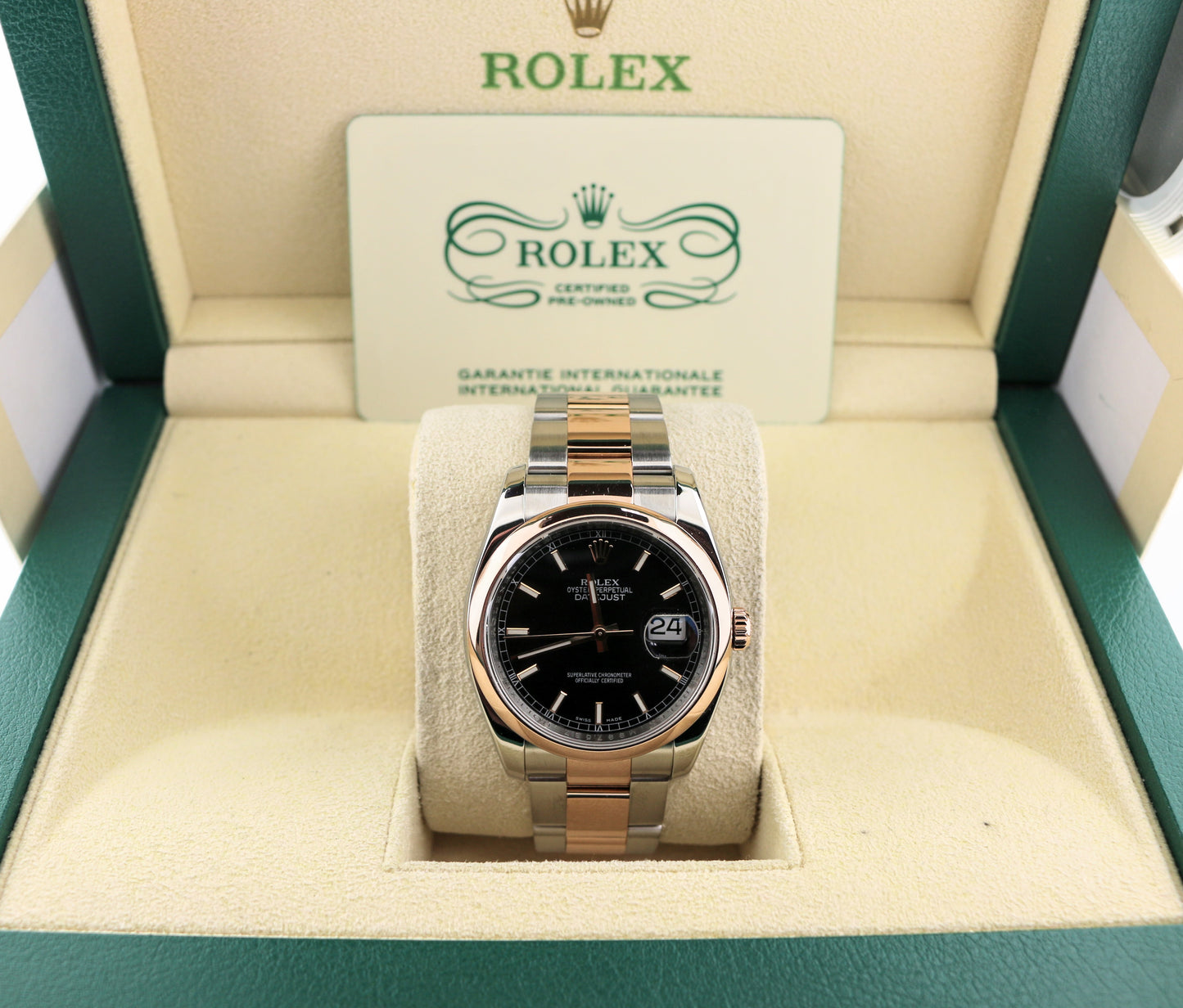 Rolex Datejust 116201 Black Dial TT 18kt Oyster Rose With 2024 CPO Papers 36mm