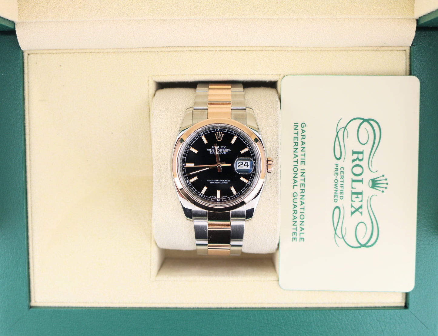Rolex Datejust 116201 Black Dial TT 18kt Oyster Rose With 2024 CPO Papers 36mm