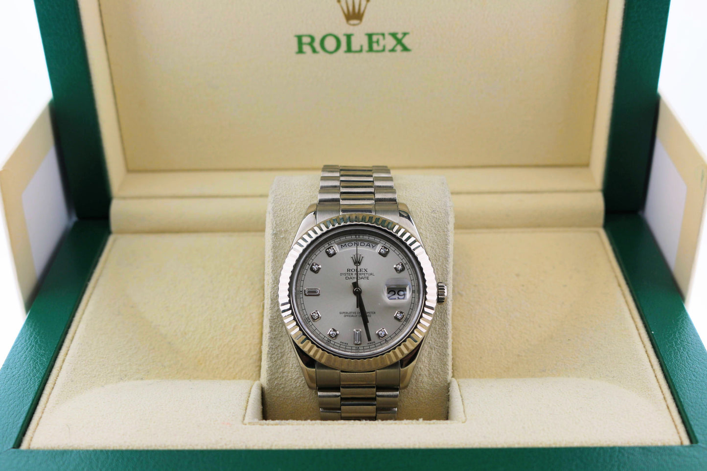 2009 Rolex Day-Date 218239 Silver Diamond Dial White Gold Bracelet No Papers 41m
