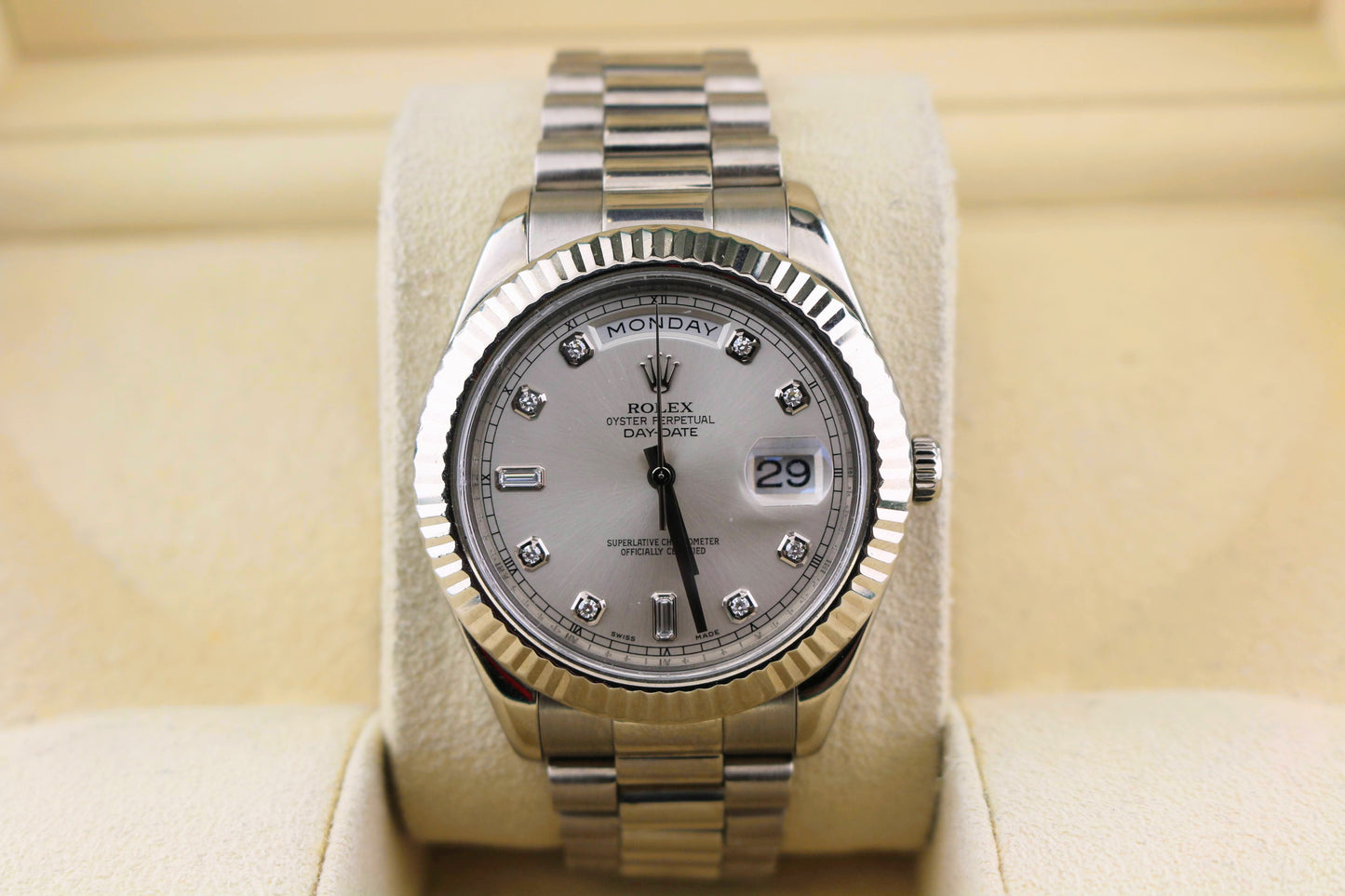 2009 Rolex Day-Date 218239 Silver Diamond Dial White Gold Bracelet No Papers 41m