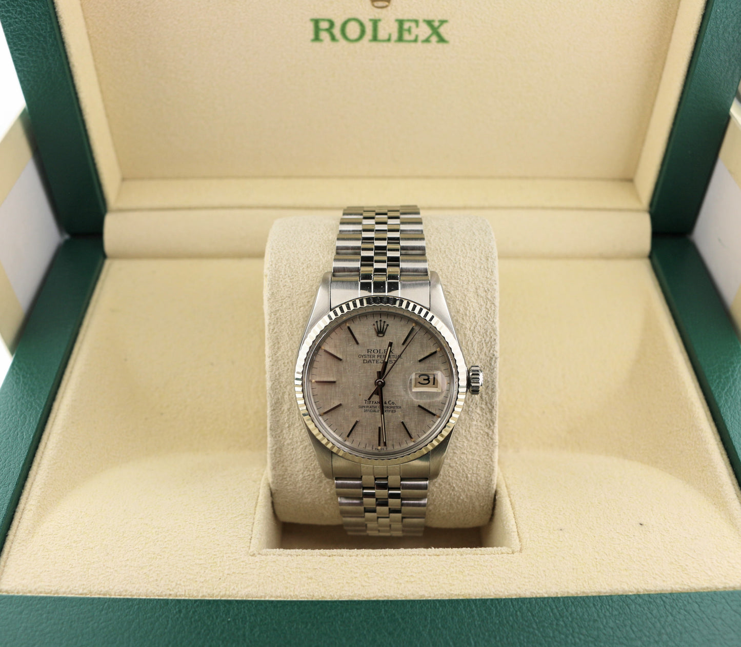 1980 Rolex Datejust 16014 Silver Linen Tiffany Dial SS Jubilee No Papers 36mm
