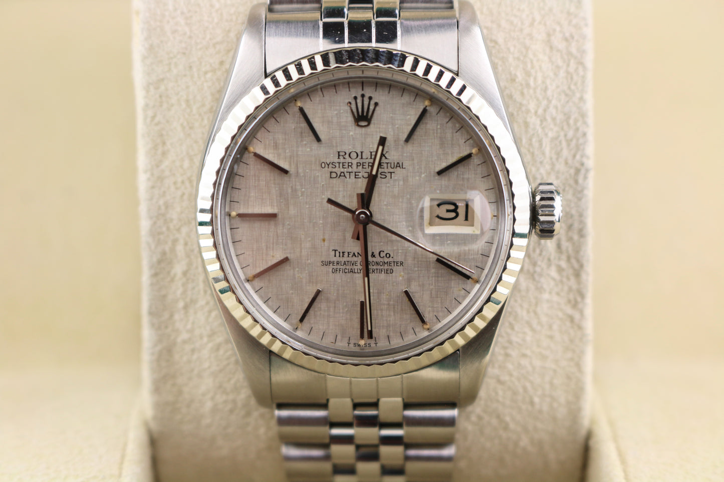 1980 Rolex Datejust 16014 Silver Linen Tiffany Dial SS Jubilee No Papers 36mm
