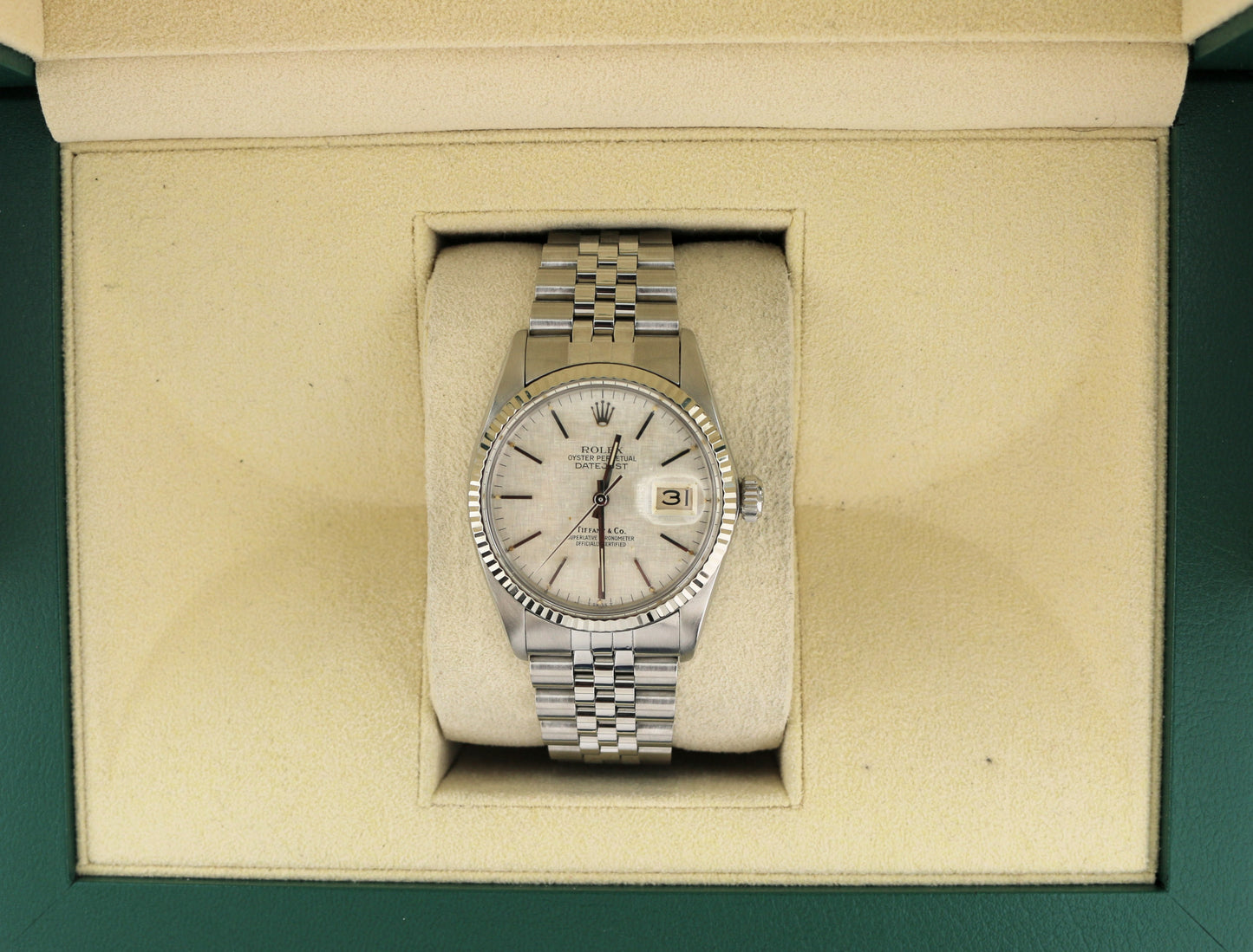 1980 Rolex Datejust 16014 Silver Linen Tiffany Dial SS Jubilee No Papers 36mm
