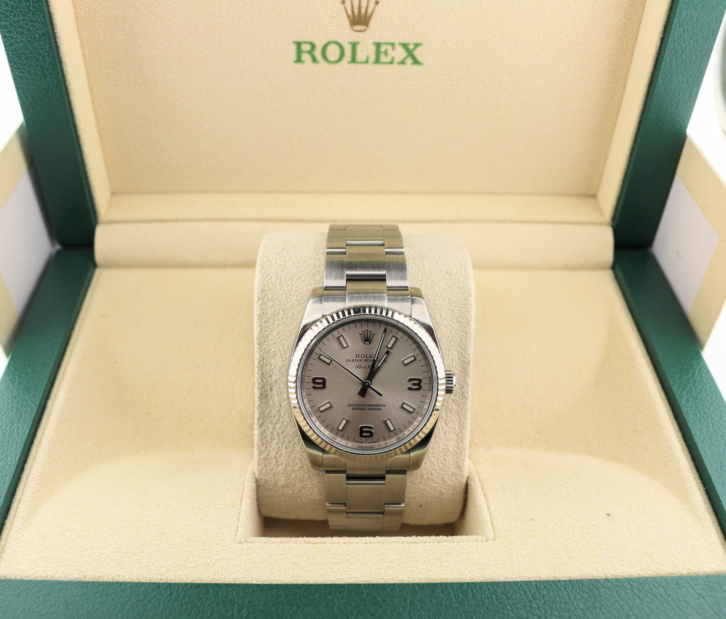 2007 Rolex Air-King 114234 Silver Dial Fluted 18kt Bezel SS Oyster No Paper 34mm