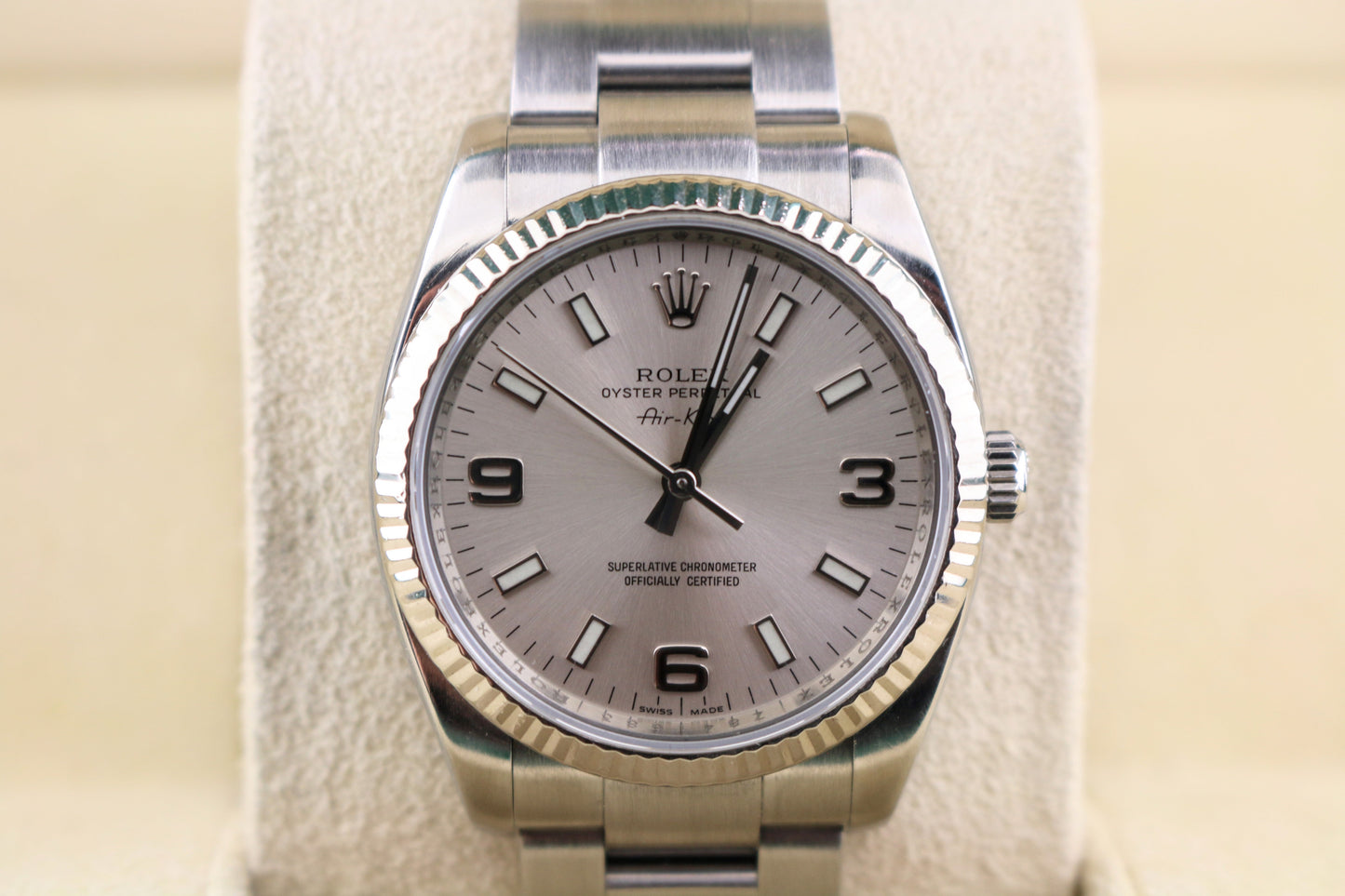 2007 Rolex Air-King 114234 Silver Dial Fluted 18kt Bezel SS Oyster No Paper 34mm