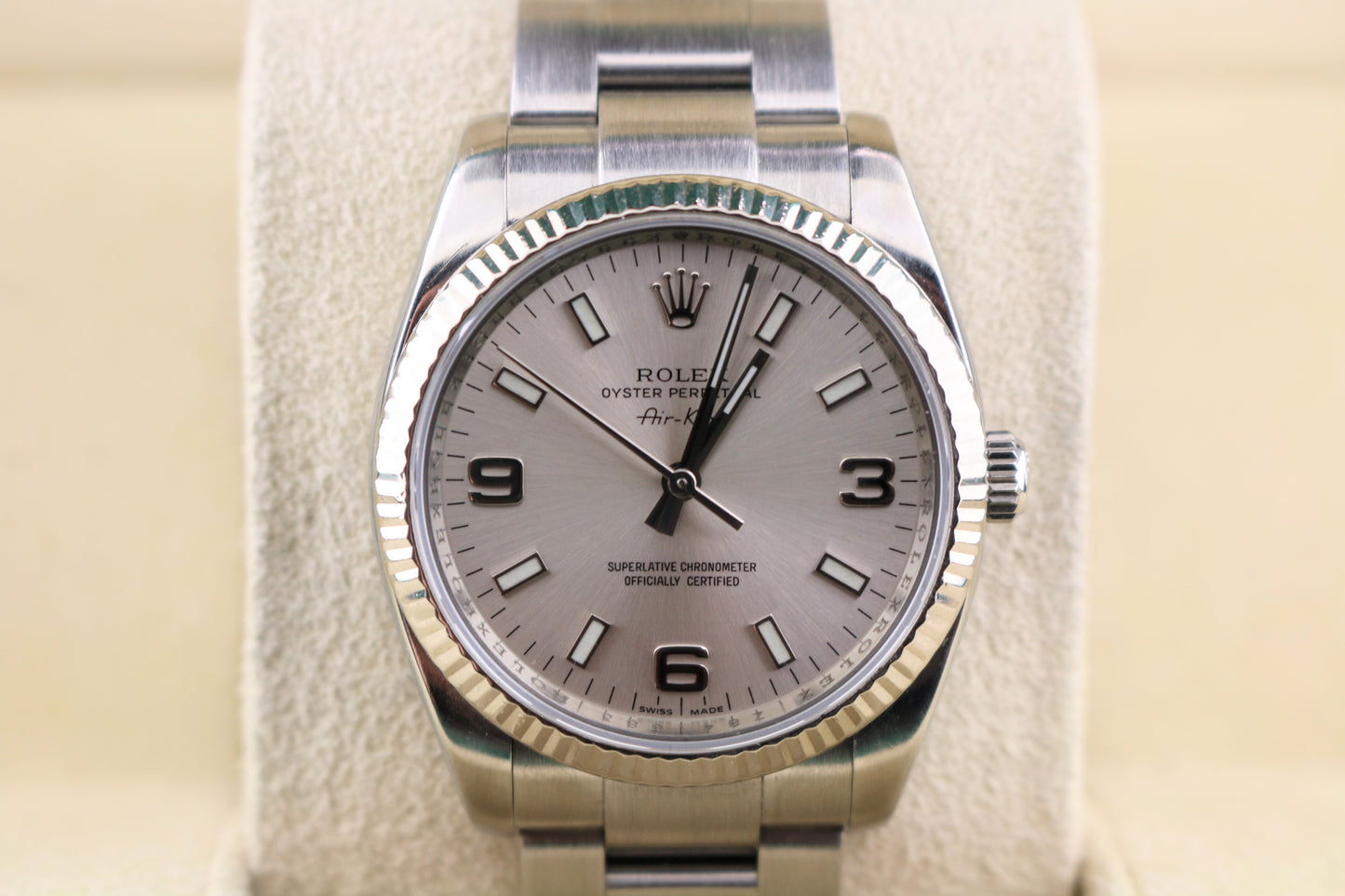 2007 Rolex Air-King 114234 Silver Dial Fluted 18kt Bezel SS Oyster No Paper 34mm