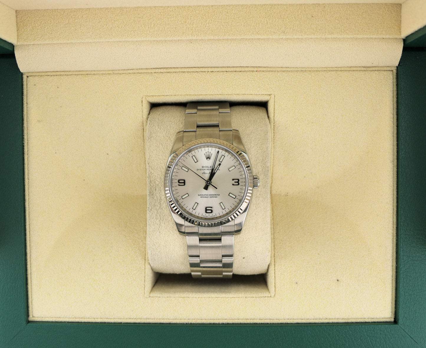 2007 Rolex Air-King 114234 Silver Dial Fluted 18kt Bezel SS Oyster No Paper 34mm
