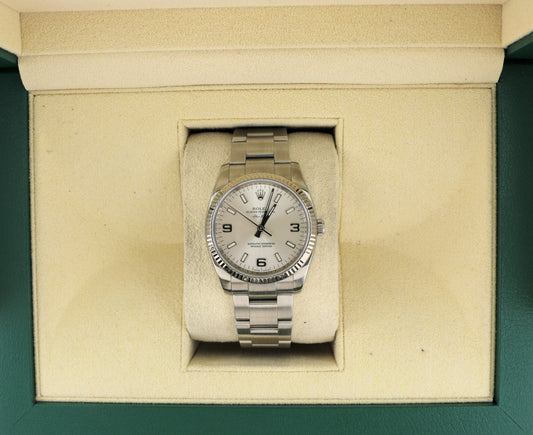 2007 Rolex Air-King 114234 Silver Dial Fluted 18kt Bezel SS Oyster No Paper 34mm