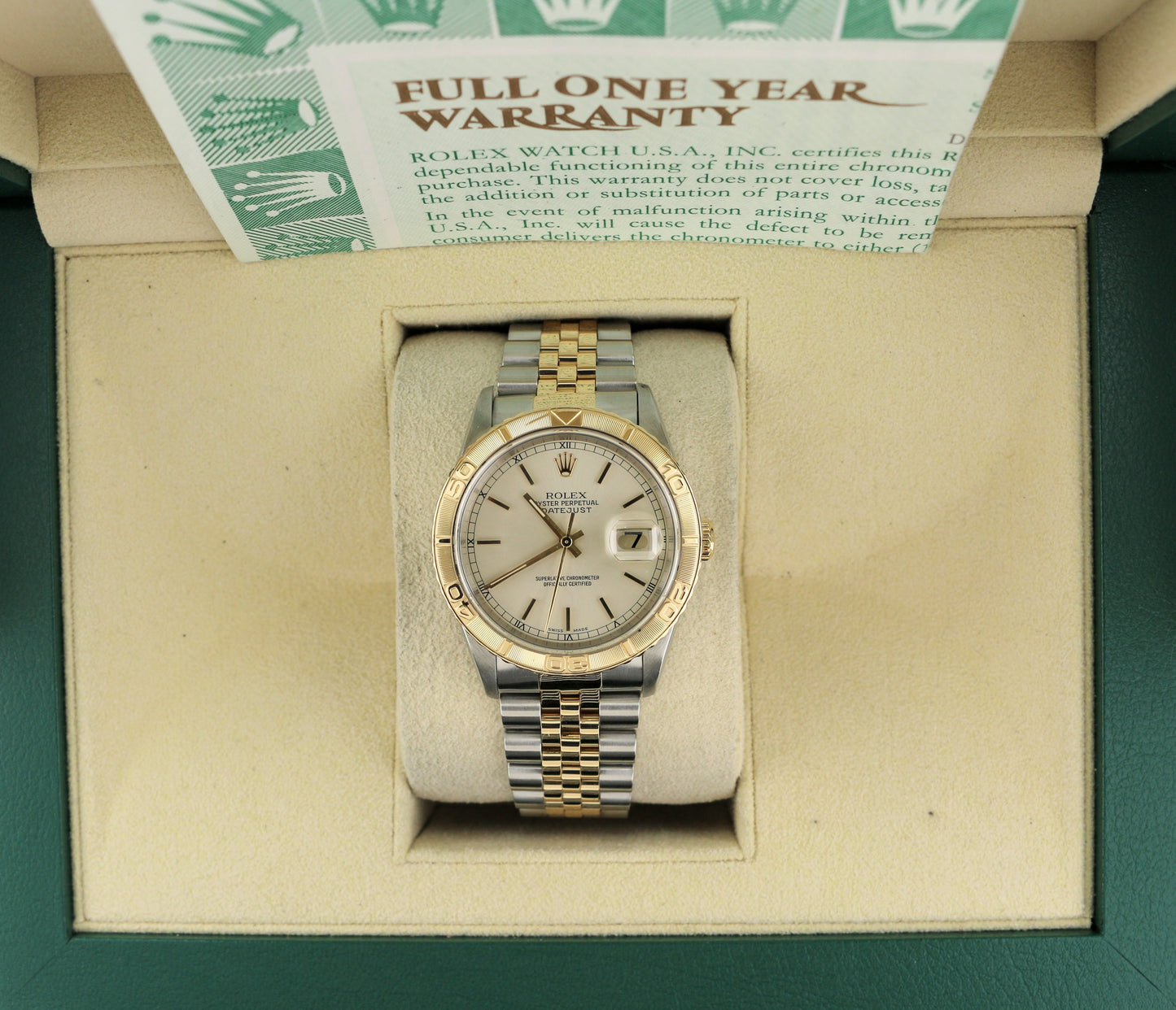 1999 Rolex Datejust 16263 Turnograph Silver Dial TT 18k Jubilee With Papers 36mm