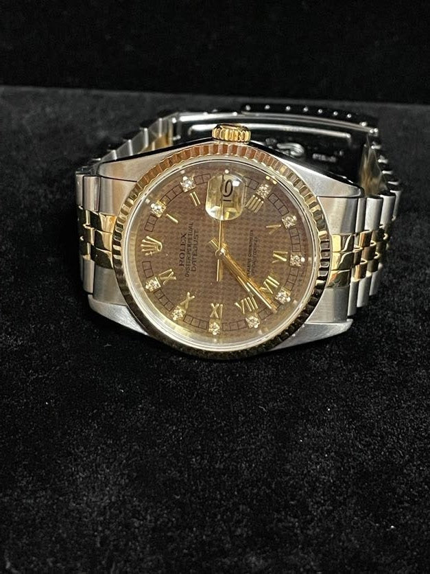 1989 Rolex Datejust 16233 Houndstooth Diamond Dial TT 18kt Jubilee W Papers 36mm.
