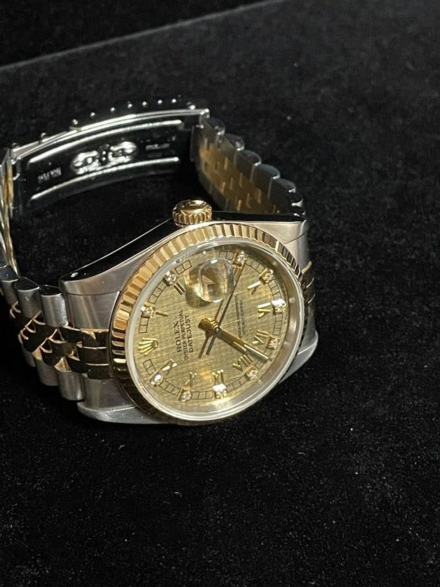 1989 Rolex Datejust 16233 Houndstooth Diamond Dial TT 18kt Jubilee W Papers 36mm.