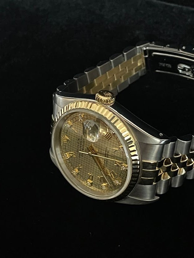 1989 Rolex Datejust 16233 Houndstooth Diamond Dial TT 18kt Jubilee W Papers 36mm.