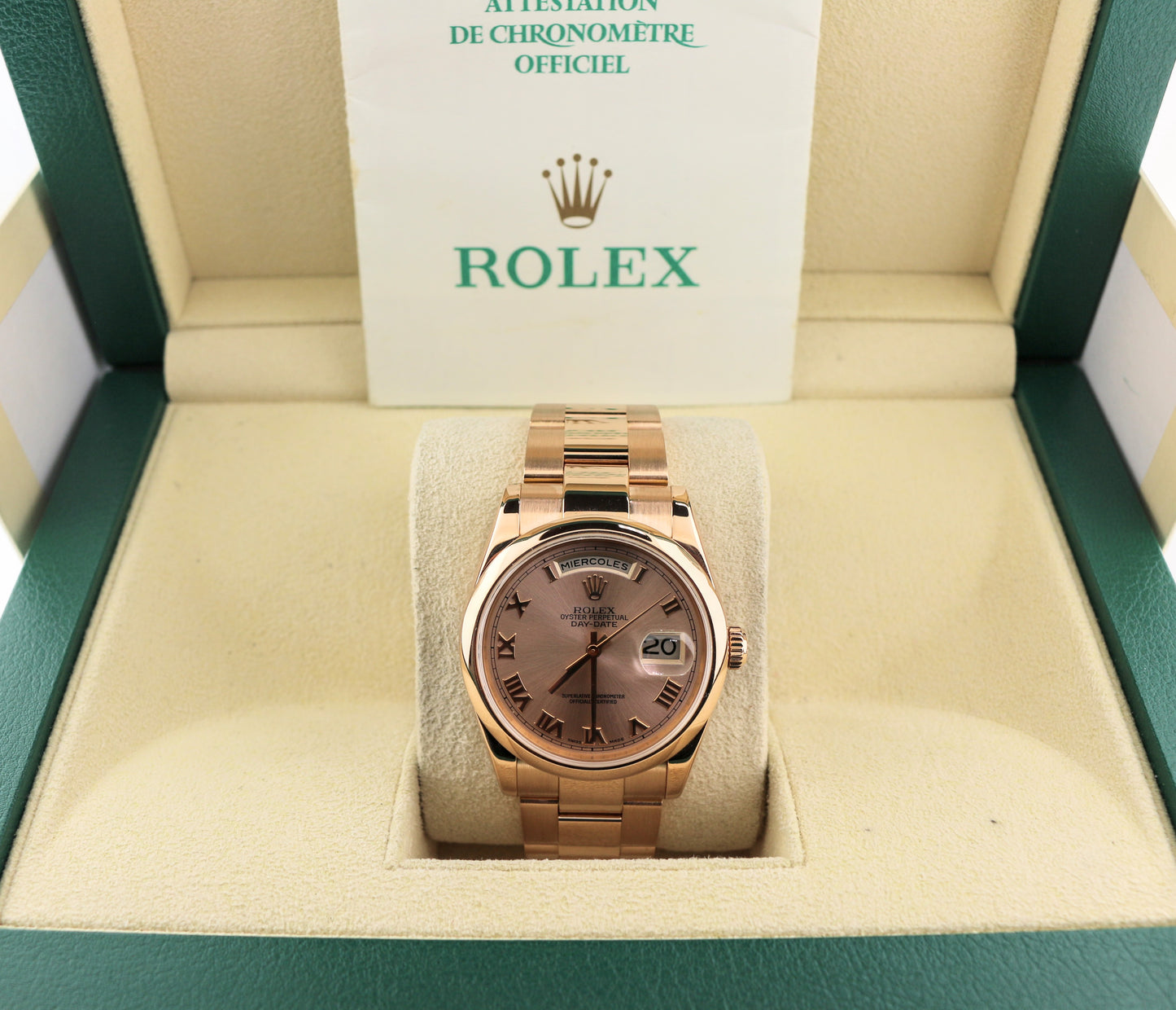 2002 Rolex Day-Date 118205 Spanish Day Pink Roman Dial RG 18k Oyster Papers 36mm