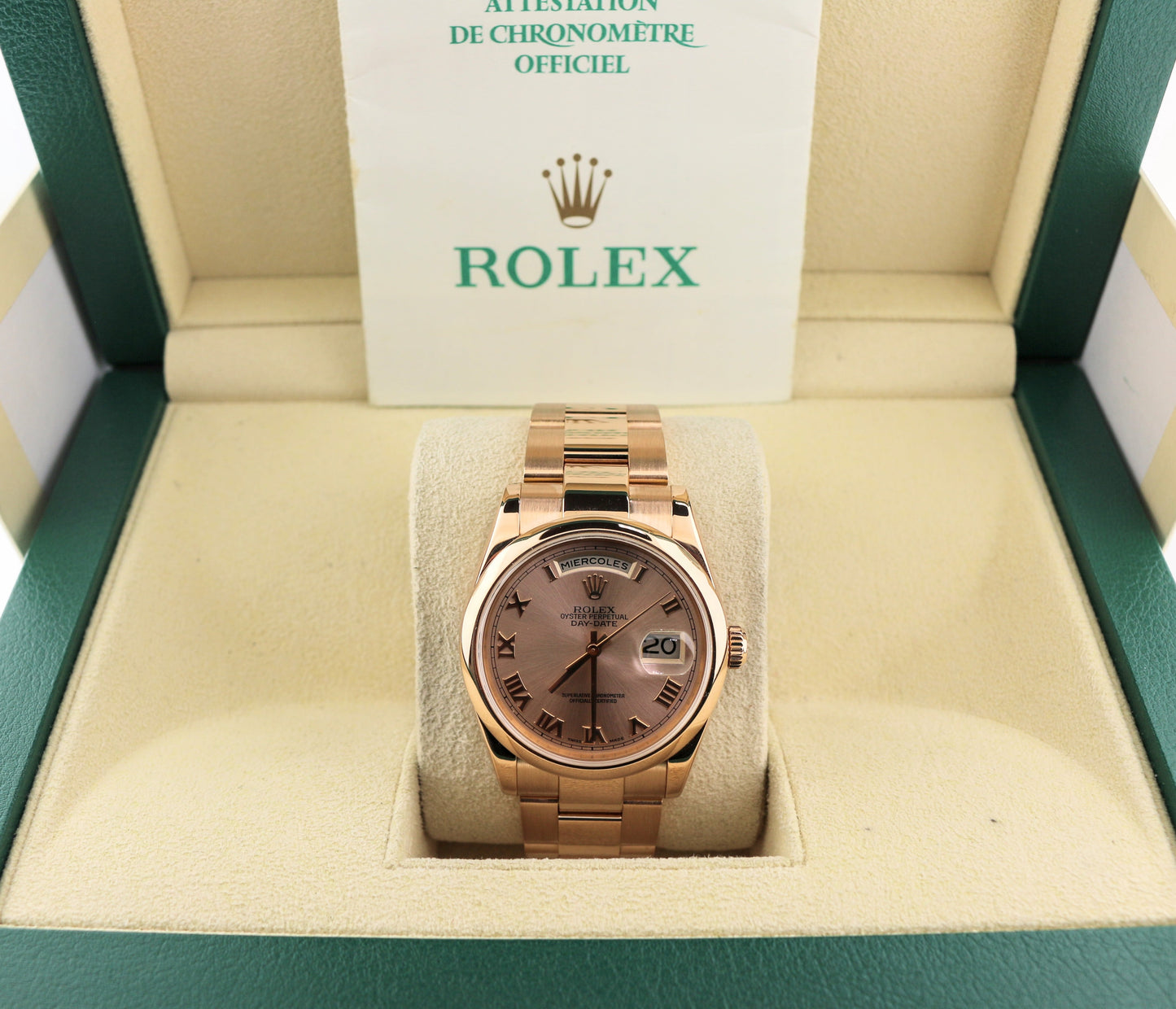 2002 Rolex Day-Date 118205 Spanish Day Pink Roman Dial RG 18k Oyster Papers 36mm