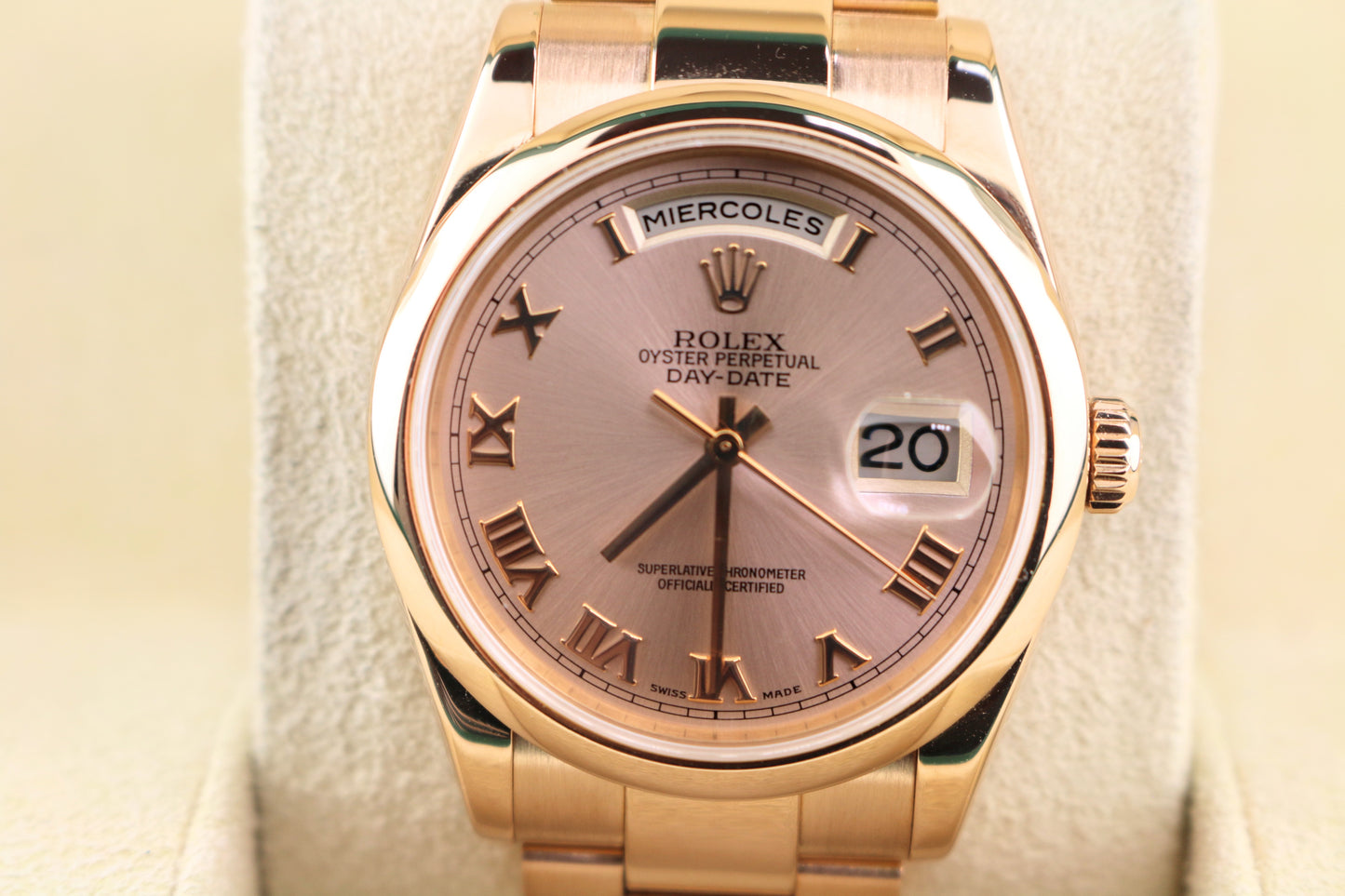 2002 Rolex Day-Date 118205 Spanish Day Pink Roman Dial RG 18k Oyster Papers 36mm
