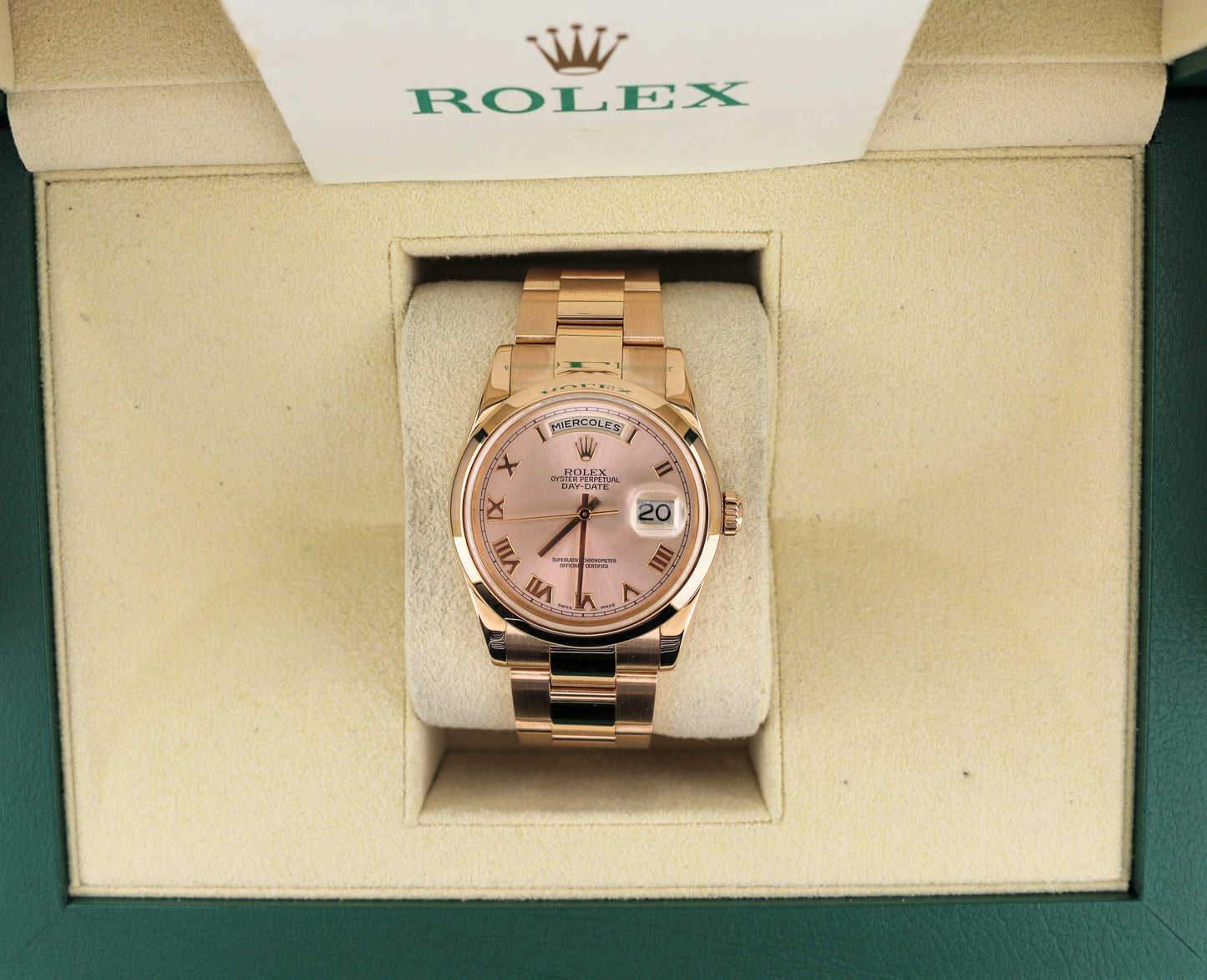 2002 Rolex Day-Date 118205 Spanish Day Pink Roman Dial RG 18k Oyster Papers 36mm