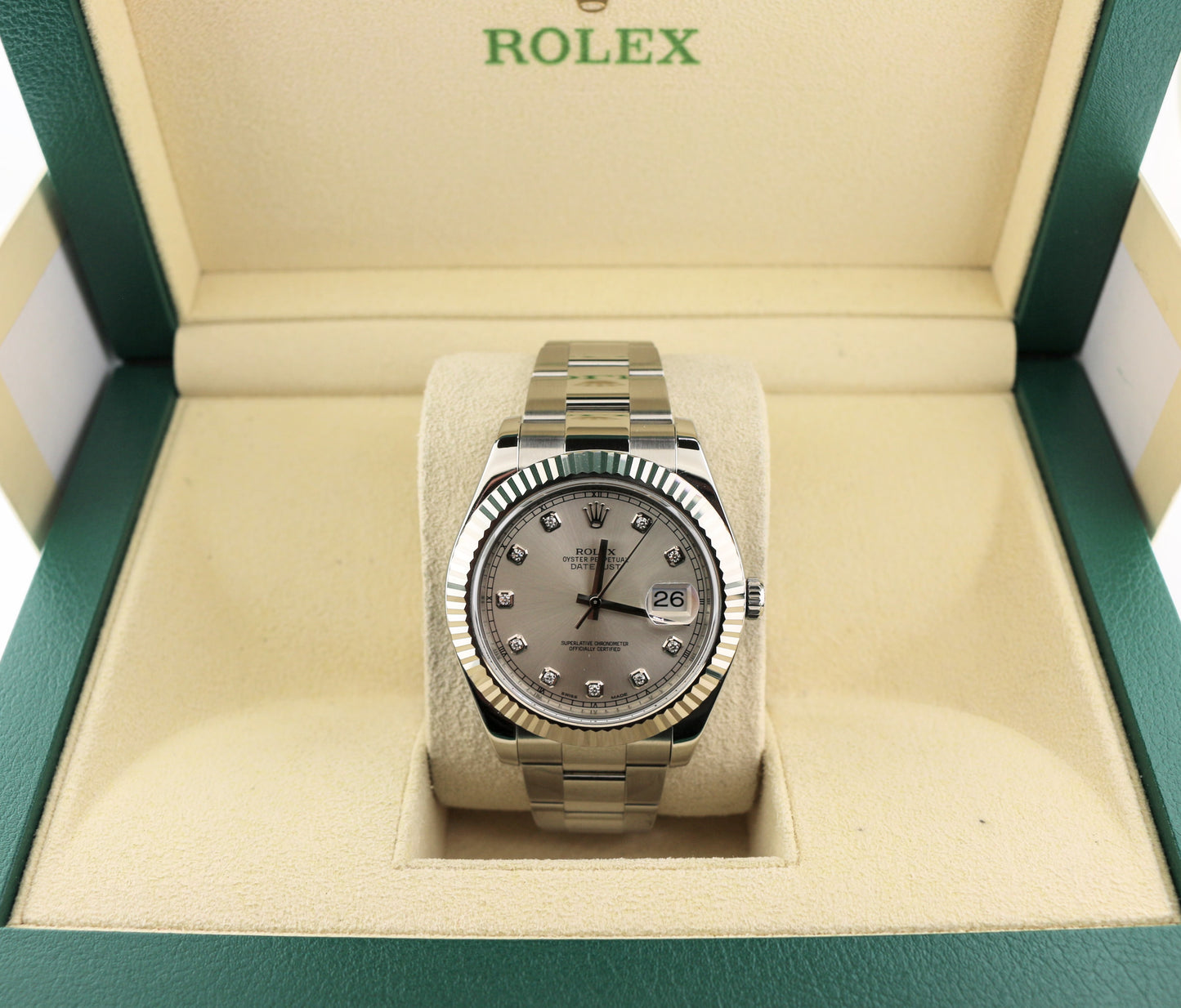 2010 Rolex Datejust 116334 Silver Diamond Dial 18kt Fluted Bezel SS Oyster 41mm