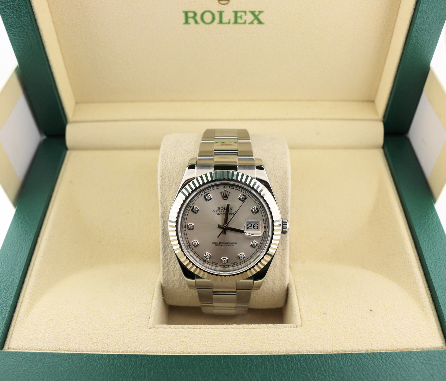 2010 Rolex Datejust 116334 Silver Diamond Dial 18kt Fluted Bezel SS Oyster 41mm