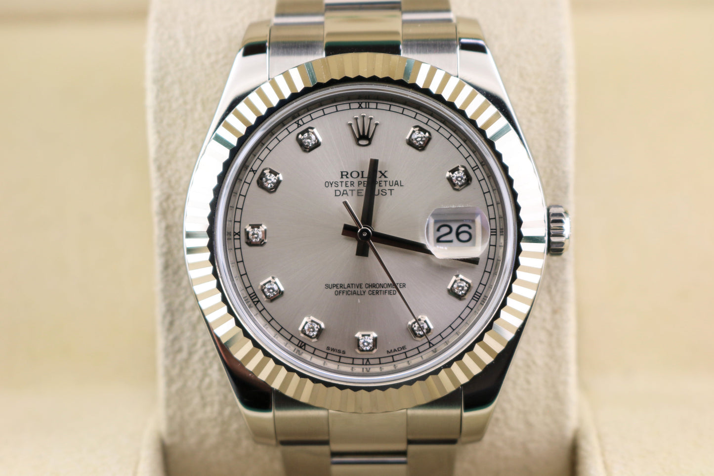 2010 Rolex Datejust 116334 Silver Diamond Dial 18kt Fluted Bezel SS Oyster 41mm