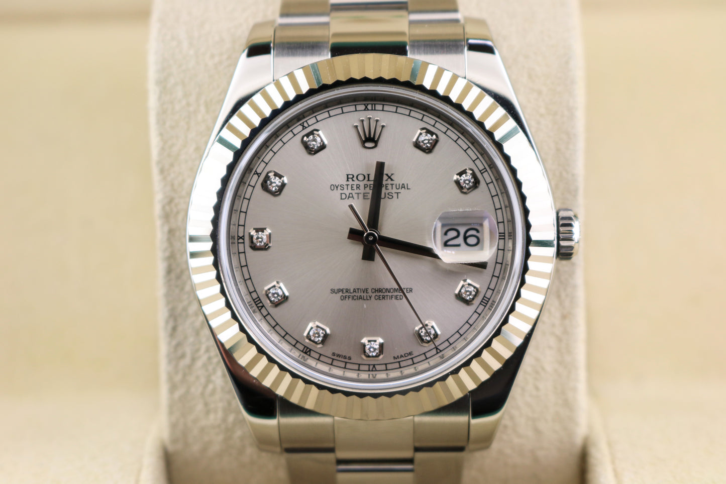 2010 Rolex Datejust 116334 Silver Diamond Dial 18kt Fluted Bezel SS Oyster 41mm
