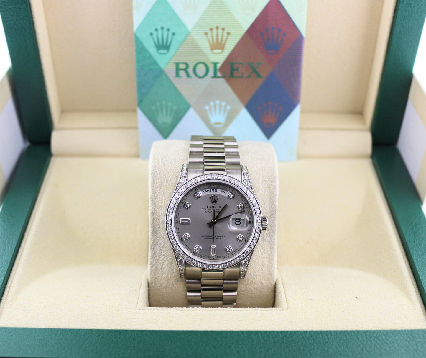 2004 Rolex Day-Date 118389 Rhodium Diamond Dial 18kt WG President W Papers 36mm