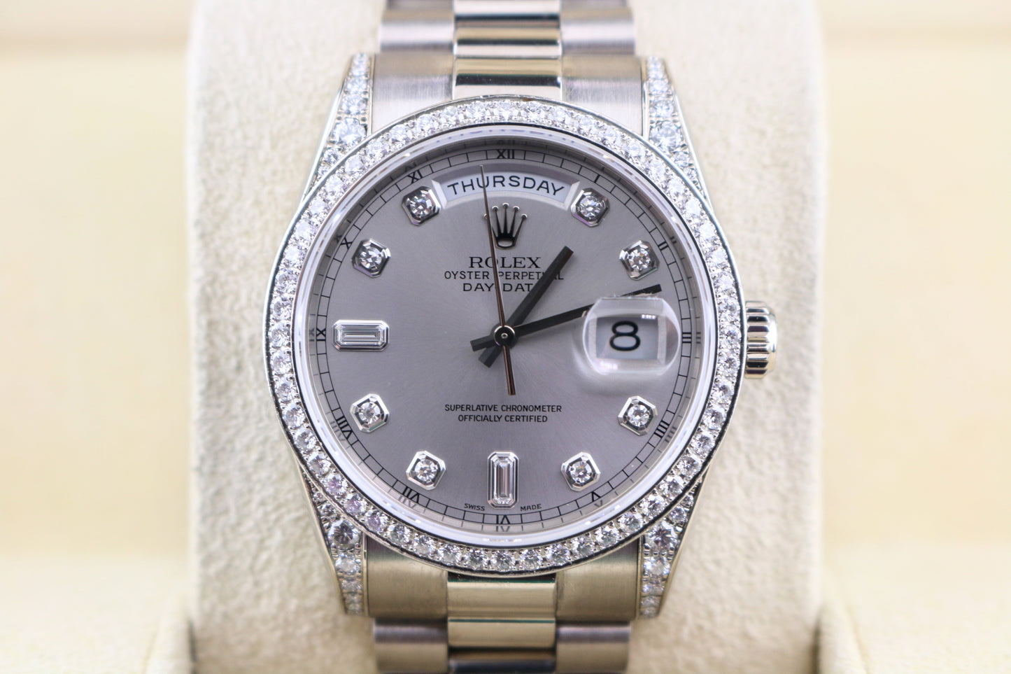 2004 Rolex Day-Date 118389 Rhodium Diamond Dial 18kt WG President W Papers 36mm