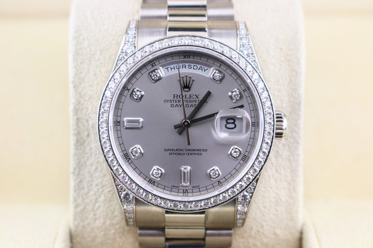 2004 Rolex Day-Date 118389 Rhodium Diamond Dial 18kt WG President W Papers 36mm