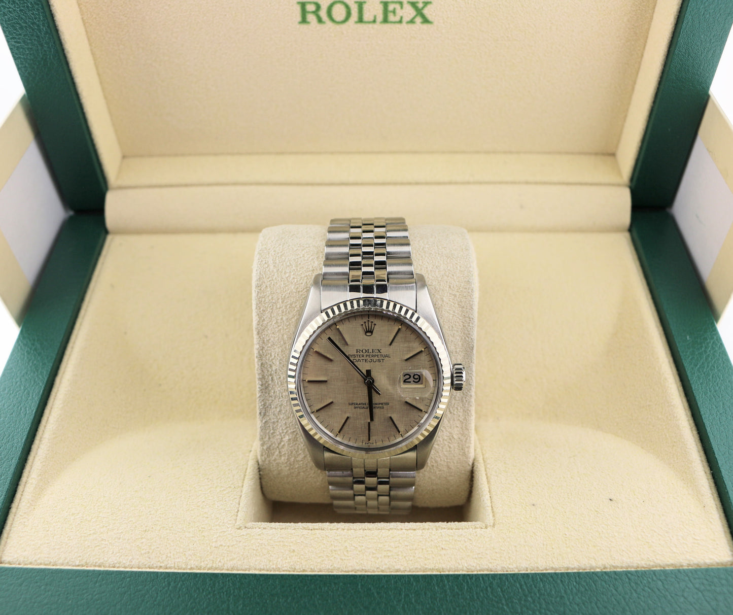 1978 Rolex Datejust 16014 Silver Linen Dial SS Jubilee 18kt Fluted WG Bezel 36mm