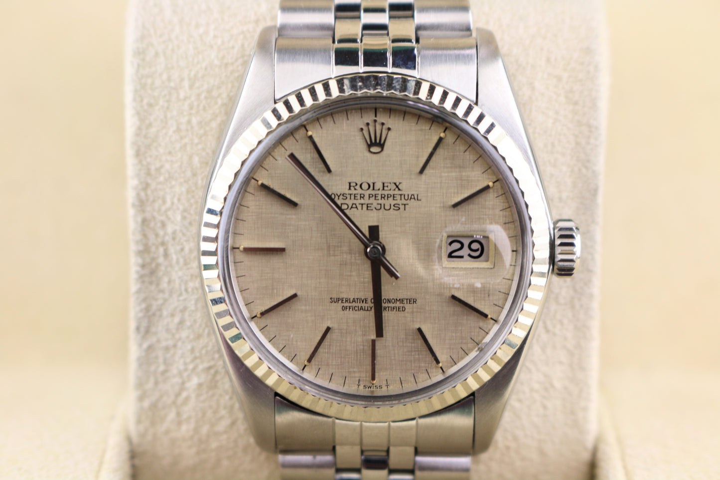 1978 Rolex Datejust 16014 Silver Linen Dial SS Jubilee 18kt Fluted WG Bezel 36mm