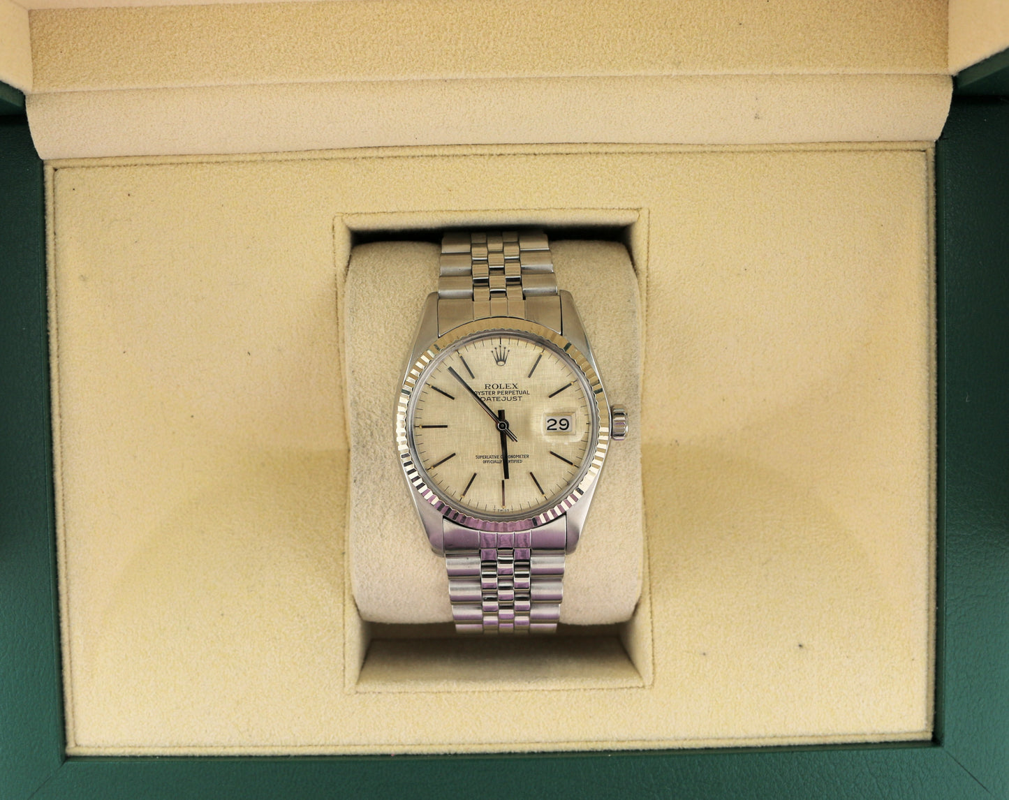 1978 Rolex Datejust 16014 Silver Linen Dial SS Jubilee 18kt Fluted WG Bezel 36mm
