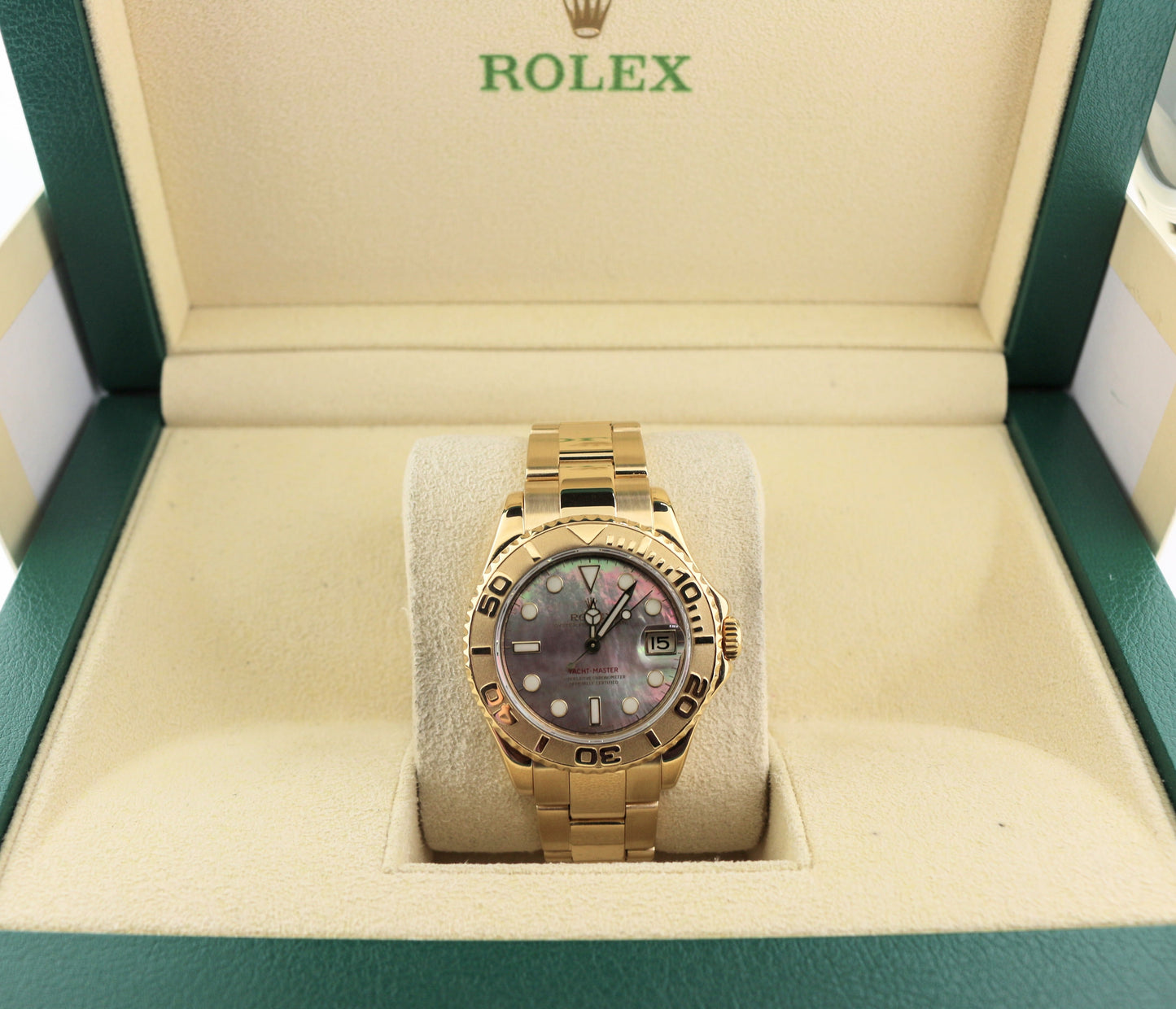 2009 Rolex Yacht-Master 168628 Tahitian MOP Dial 18k Oyster Engraved Rehaut 35mm